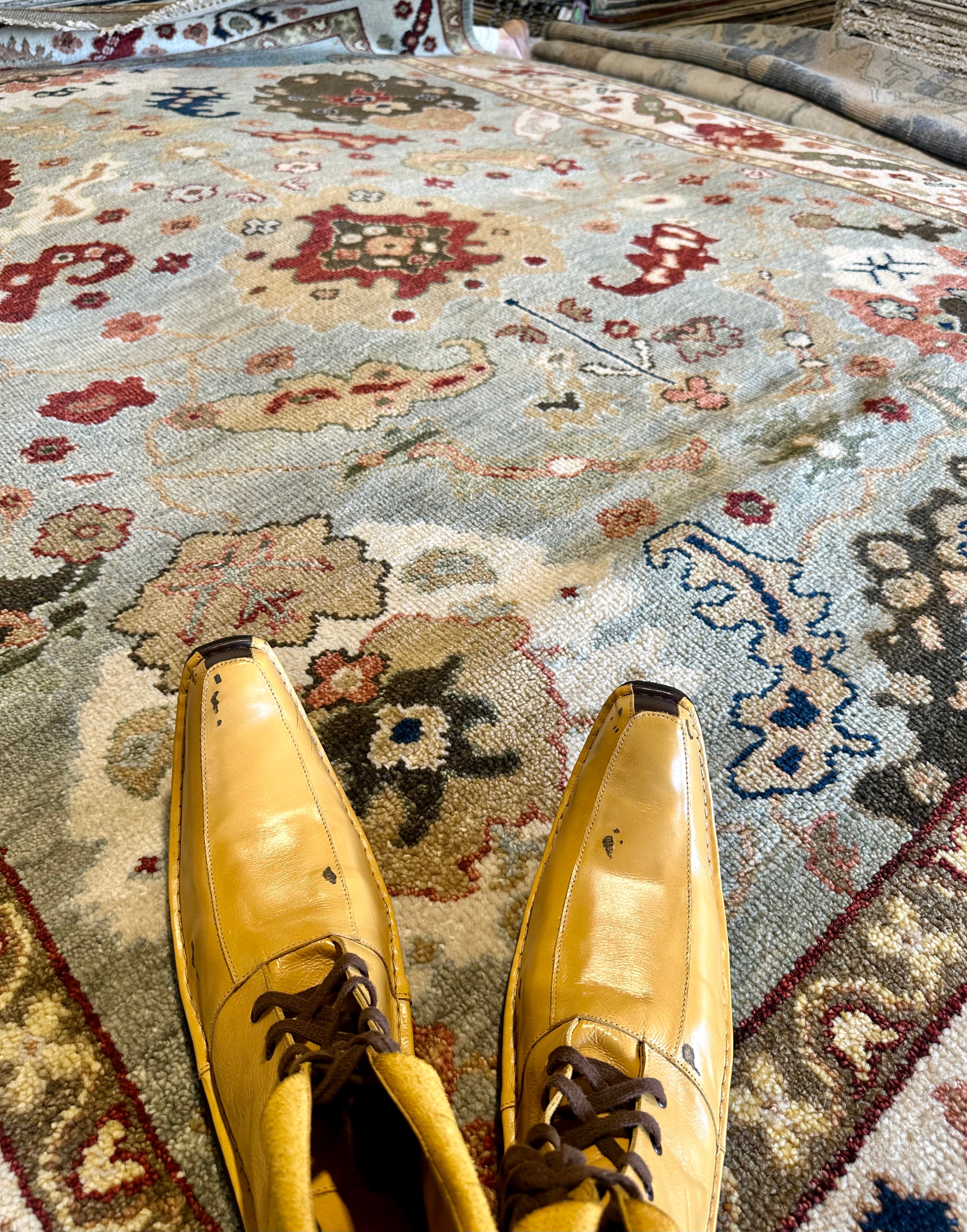 Virginia Tupker 8x10.6 Gren and Ivory Hand-Knotted Oushak Rug