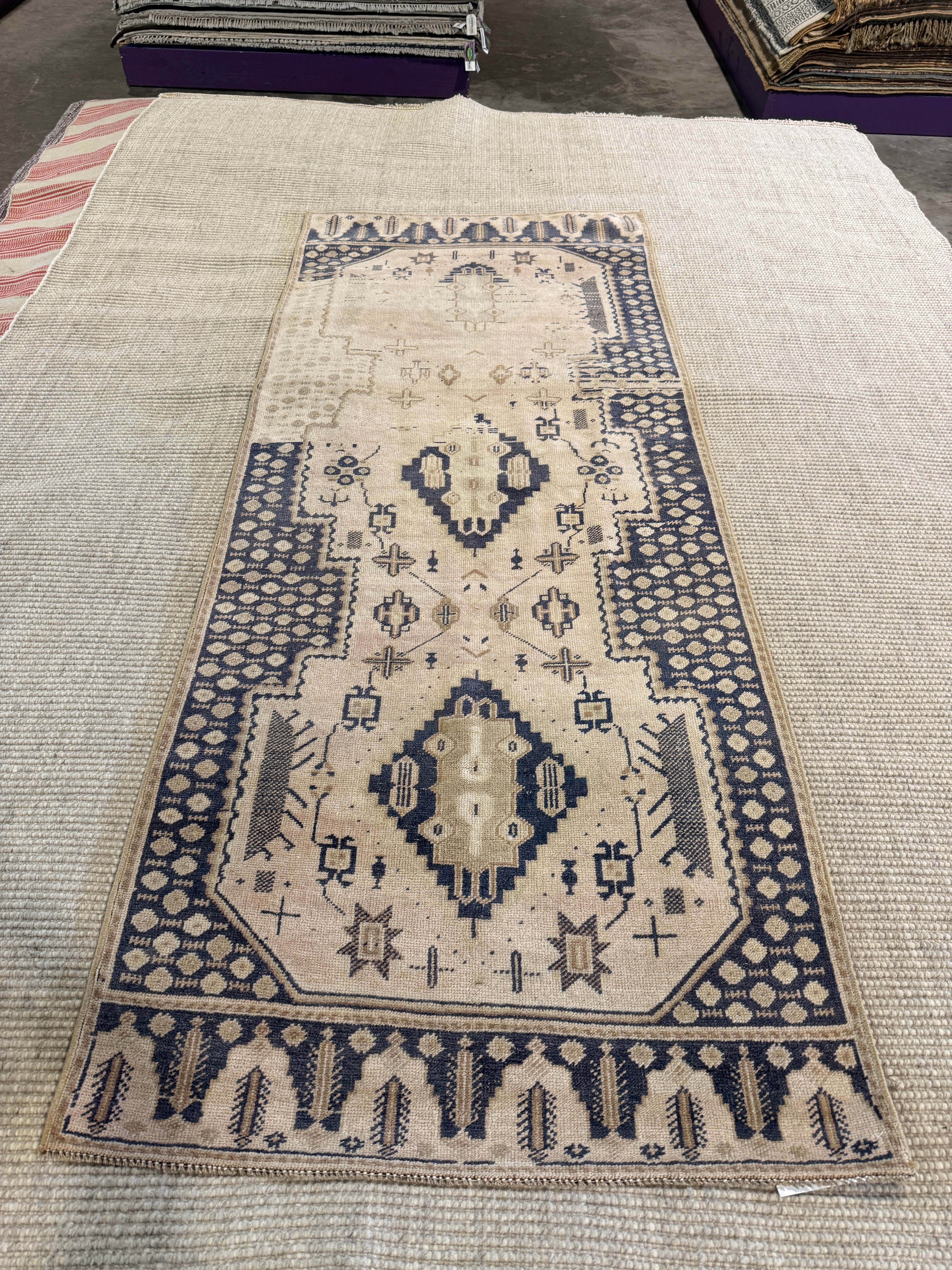 Maya Duboi 3.1x7.10 Blue Hand-Knotted Vintage Turkish Oushak Runner
