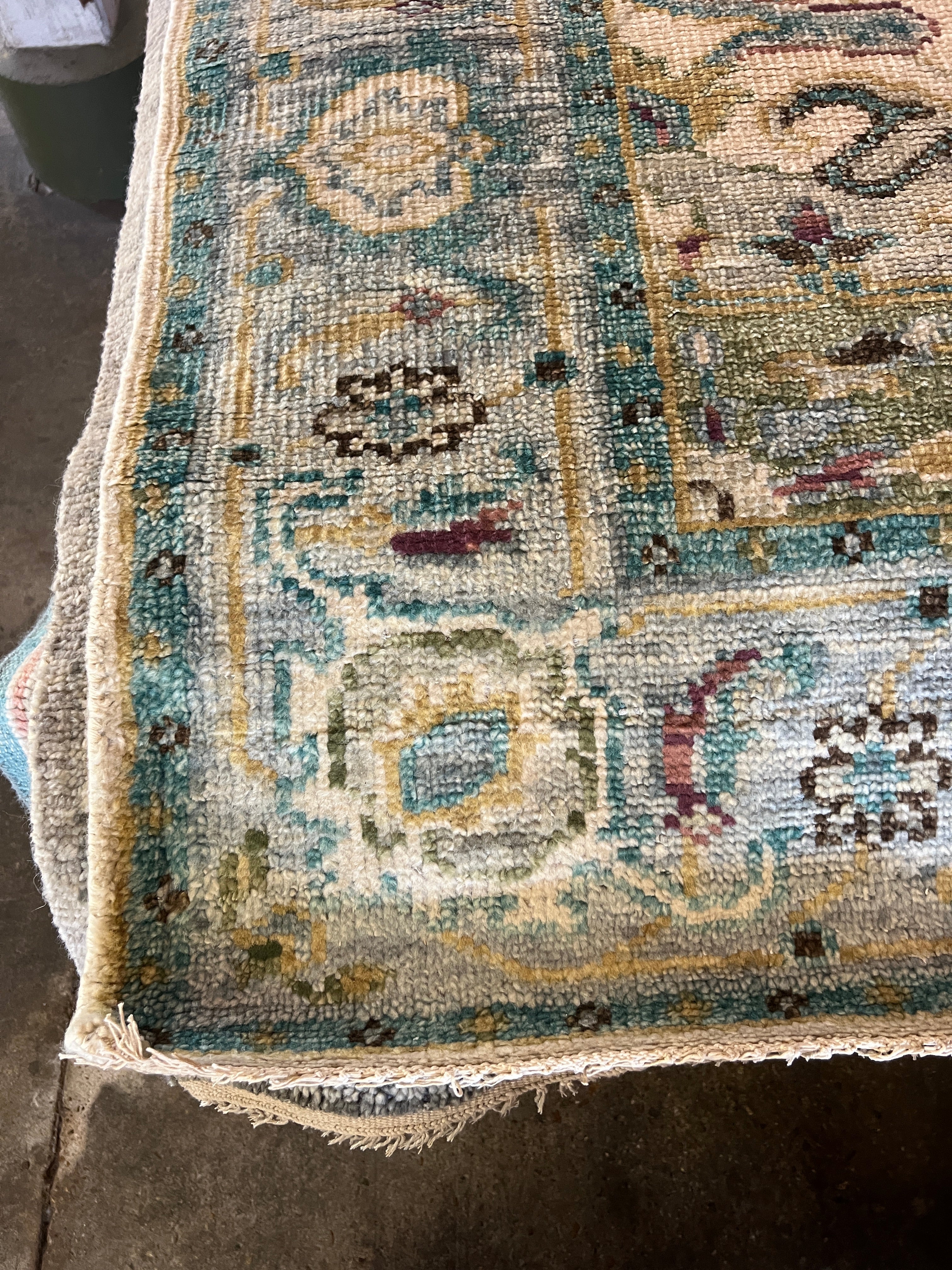 Betty Lou Phillips 8x10 Light Green and Beige Hand-Knotted Oushak Rug