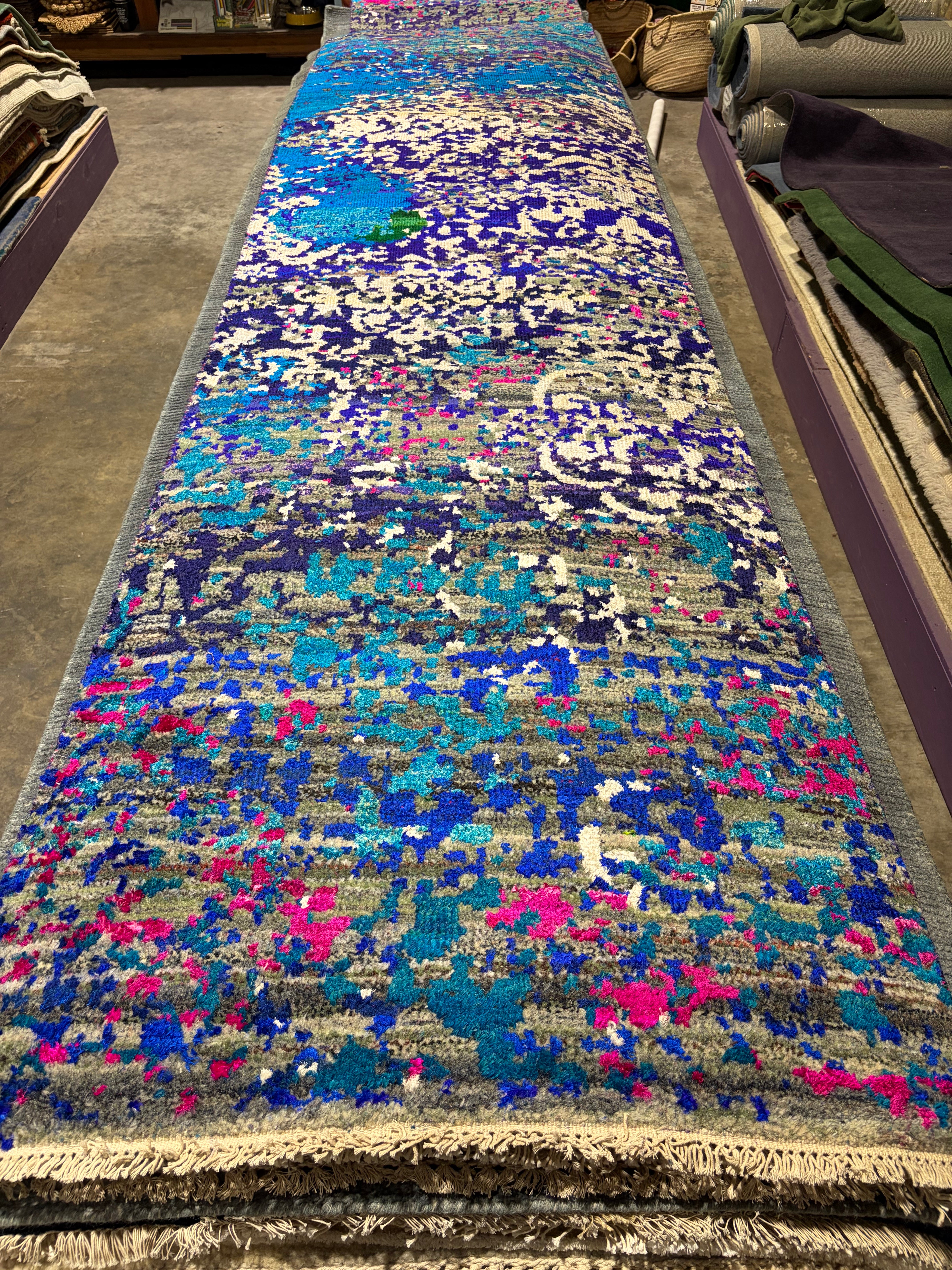 Keiko Green Hand-Knotted Blue Abstract Modern Runner - Multiple Sizes