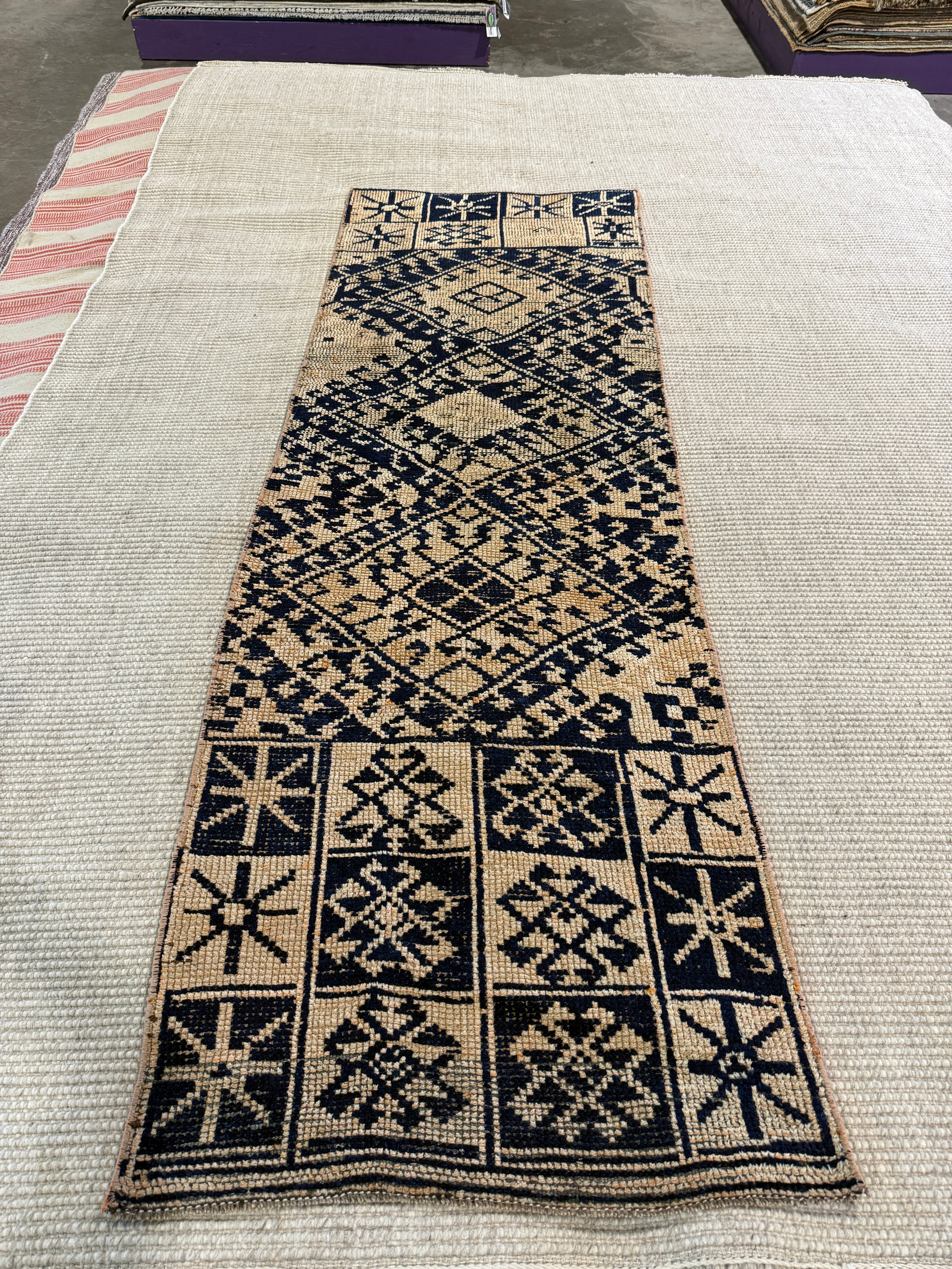 Carla Young 2.5x7.2 Navy Blue Hand-Knotted Vintage Turkish Oushak Runner