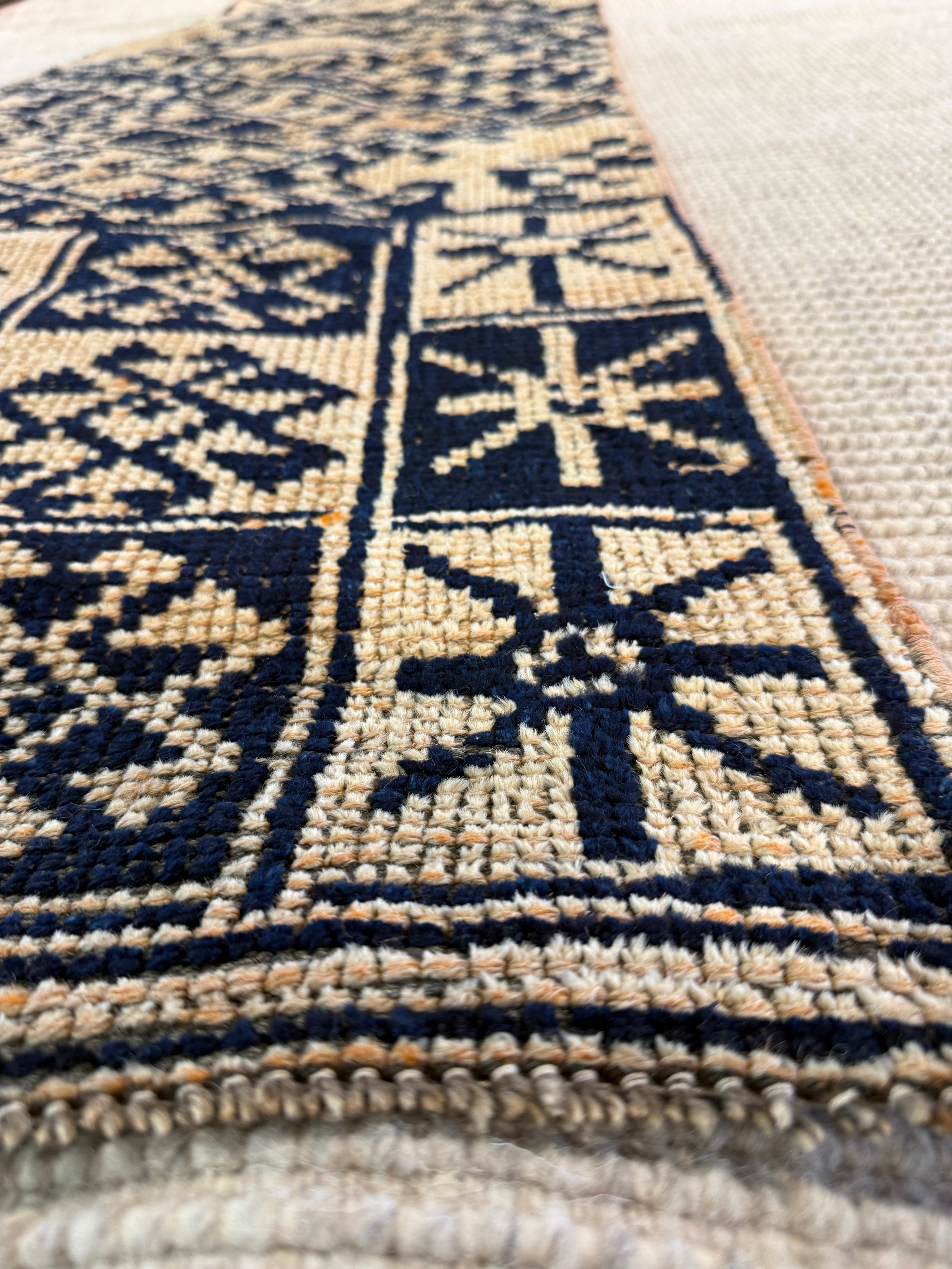 Carla Young 2.5x7.2 Navy Blue Hand-Knotted Vintage Turkish Oushak Runner