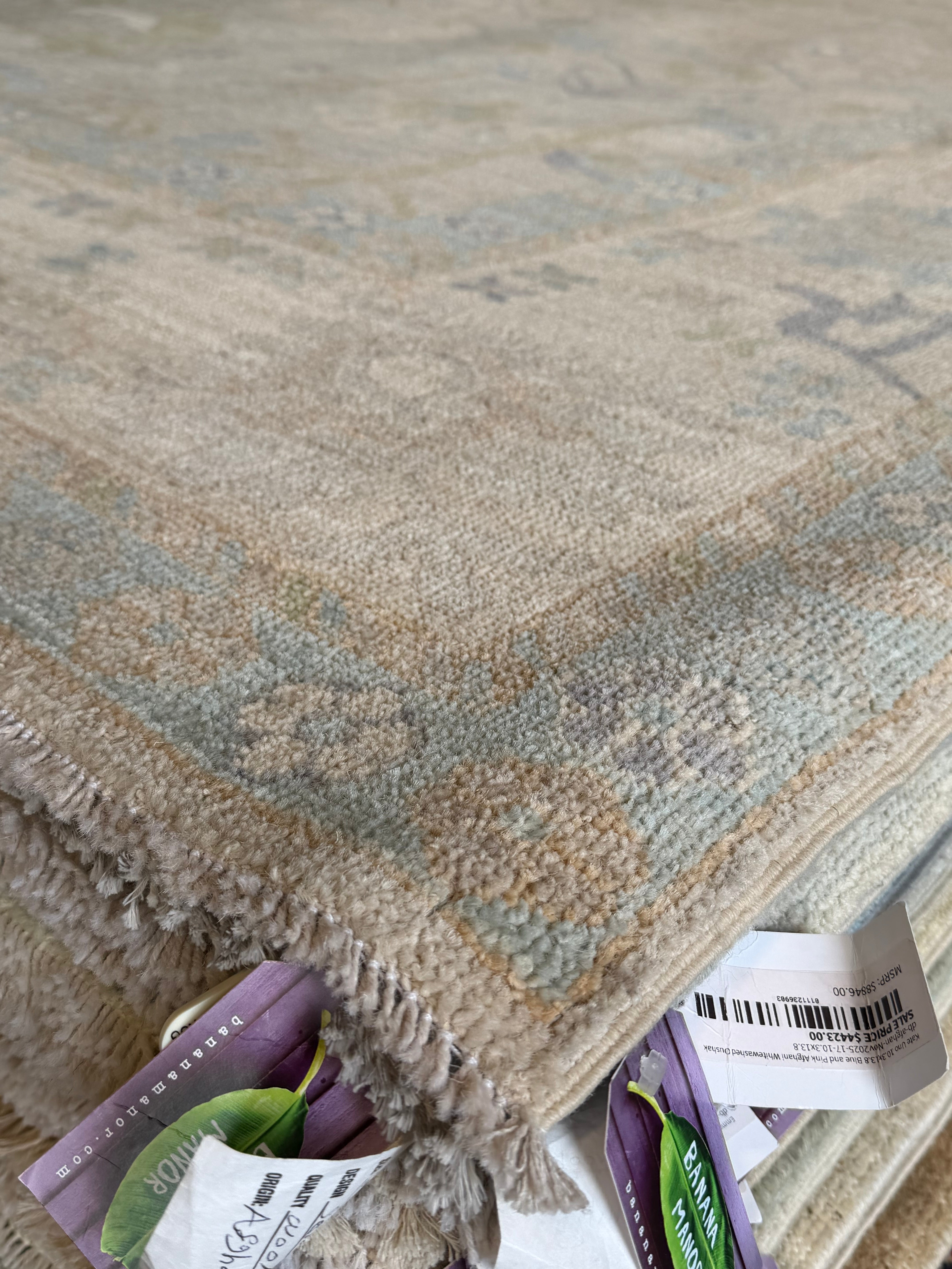 Casandra Barron 9.10x13.9 Cream and Blue Afghani Whitewashed Oushak