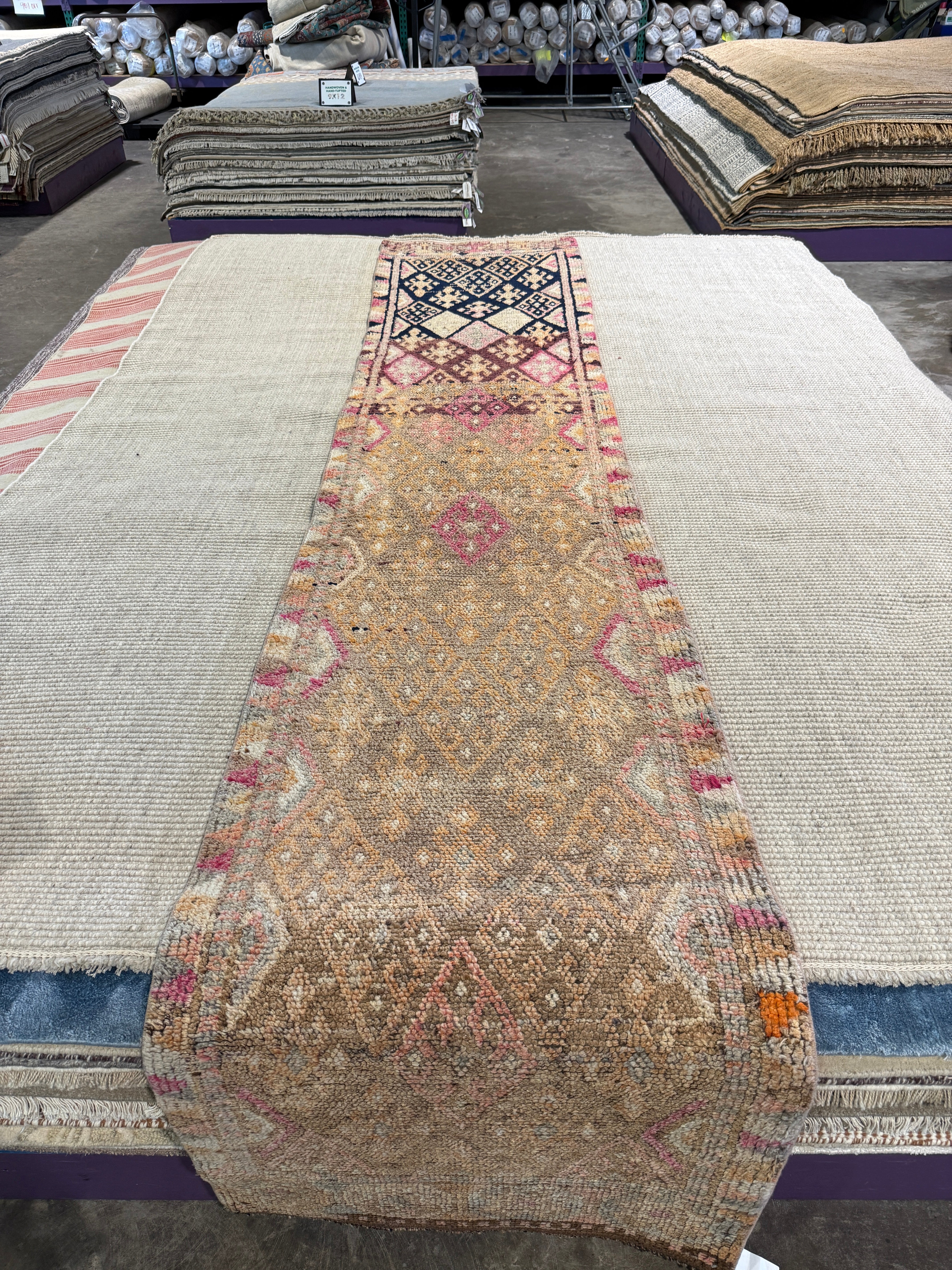 Justine Gramegna 2.7x12.8 Pink Hand-Knotted Vintage Turkish Oushak Runner