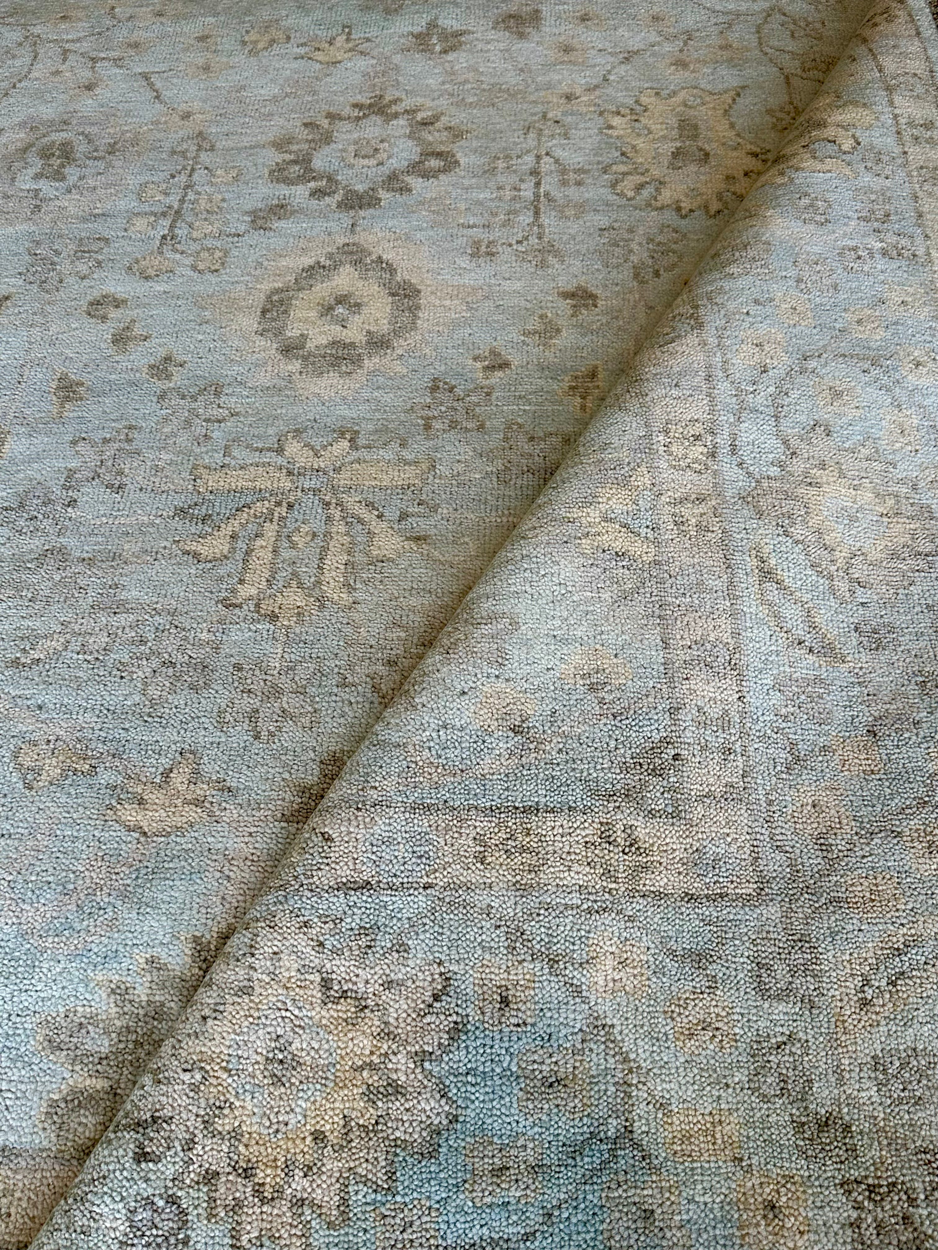 Fleur 8x10 Aqua and Blue Turkish Knot Oushak Rug