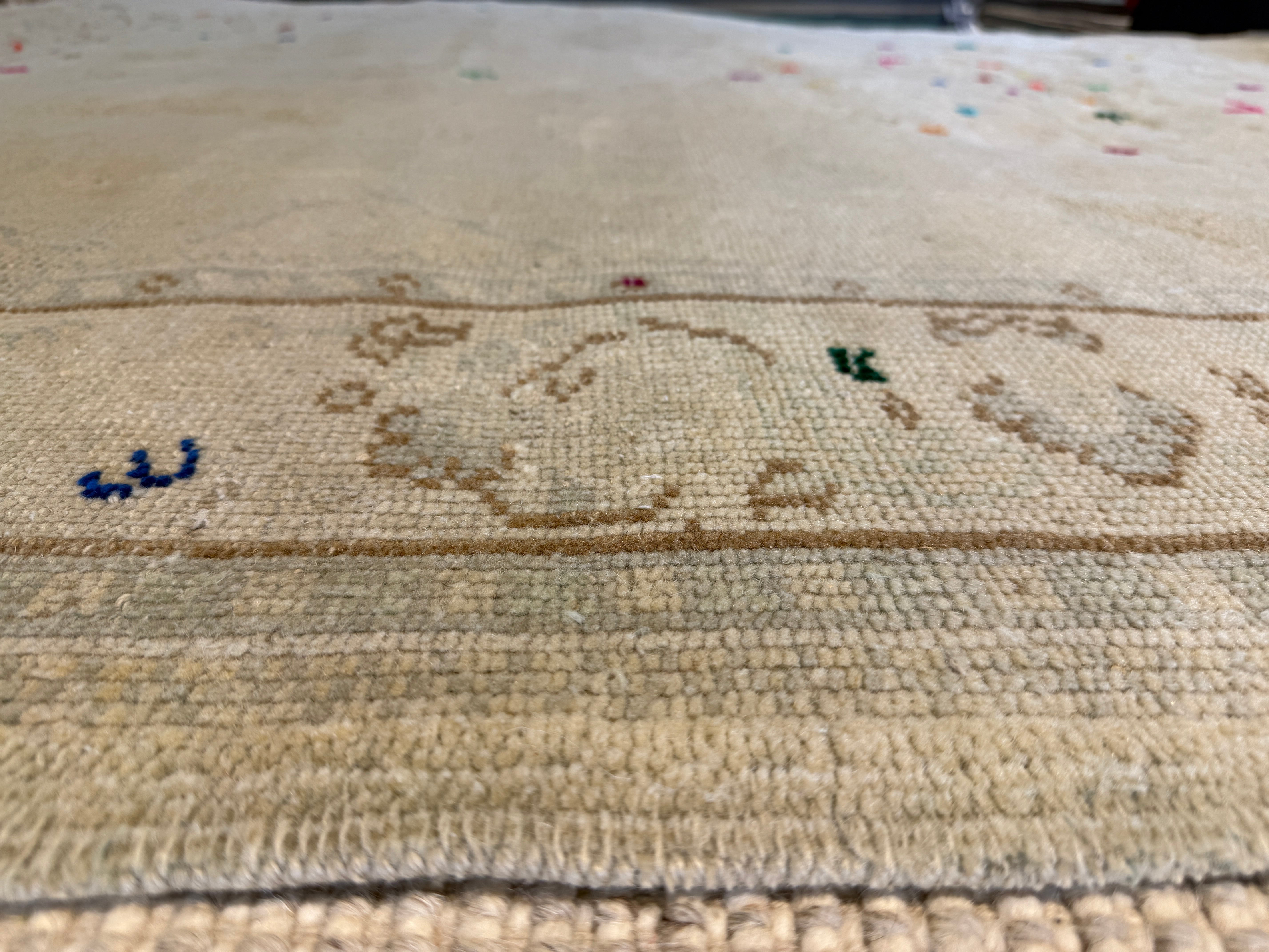 Rainbow Kitten 7x10 Cream Hand-Knotted Vintage Turkish Oushak