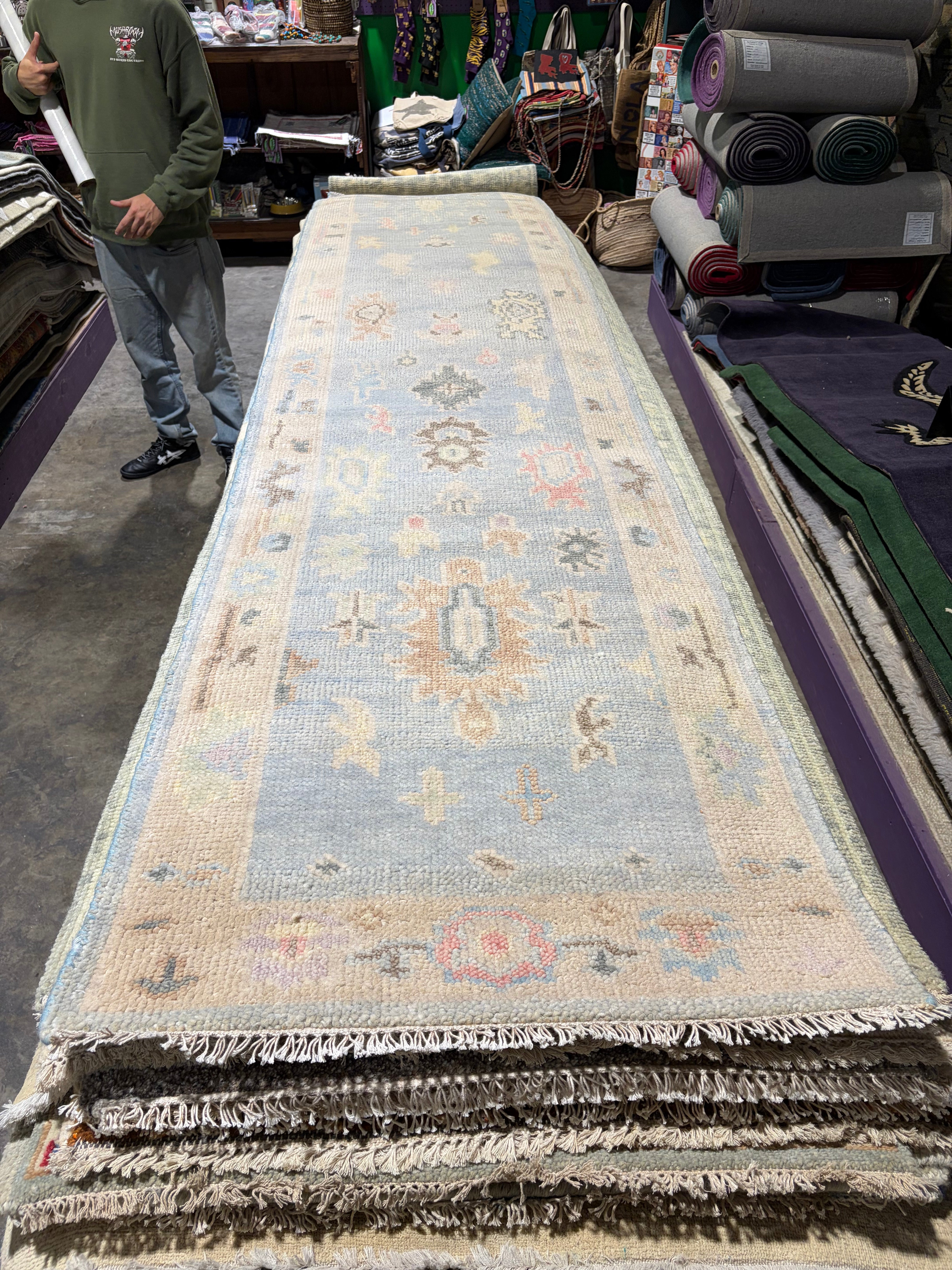 Kerri Kenney 2.6x12.3 Light Blue Hand-Knotted Oushak Runner