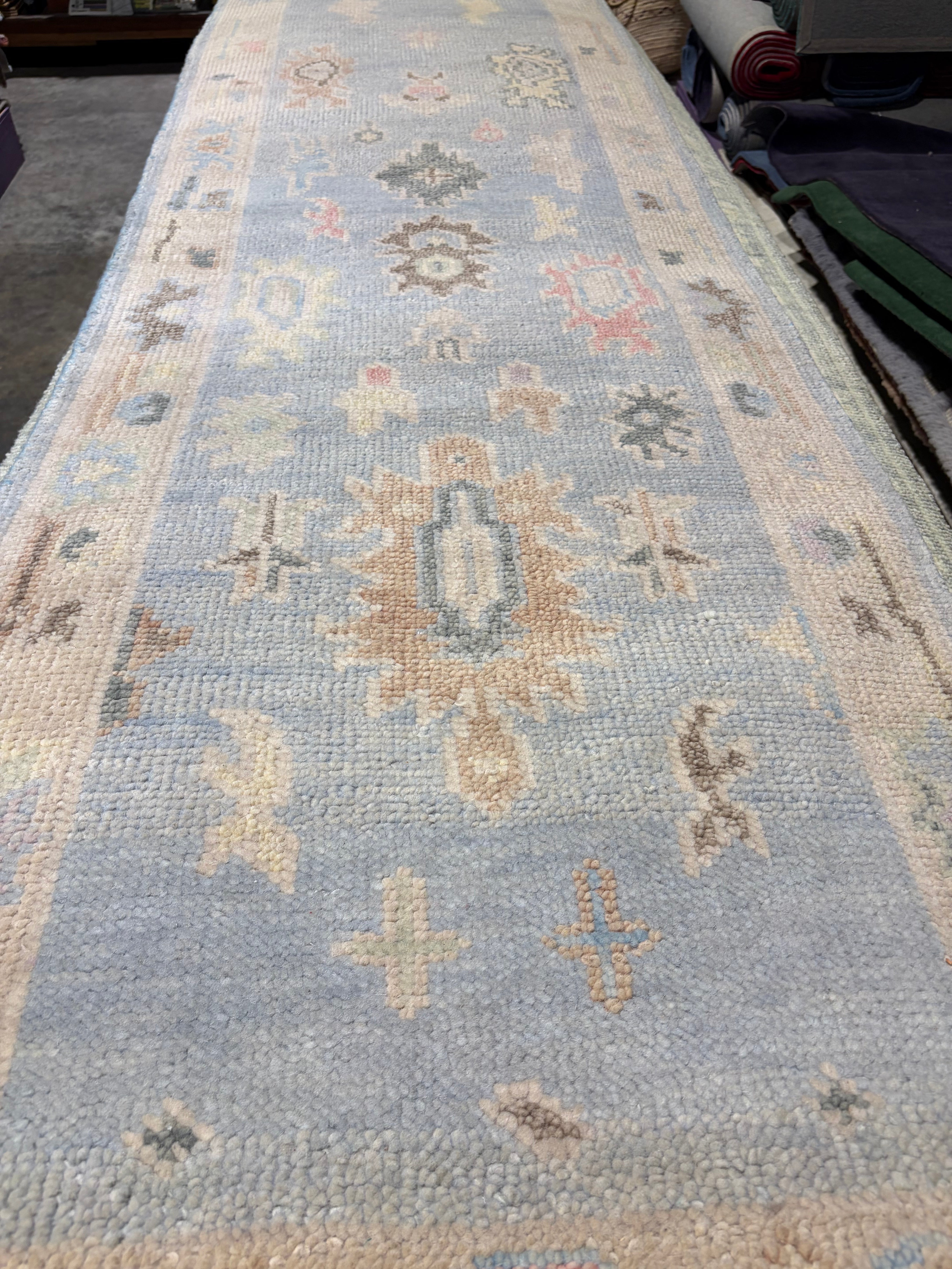 Kerri Kenney 2.6x12.3 Light Blue Hand-Knotted Oushak Runner