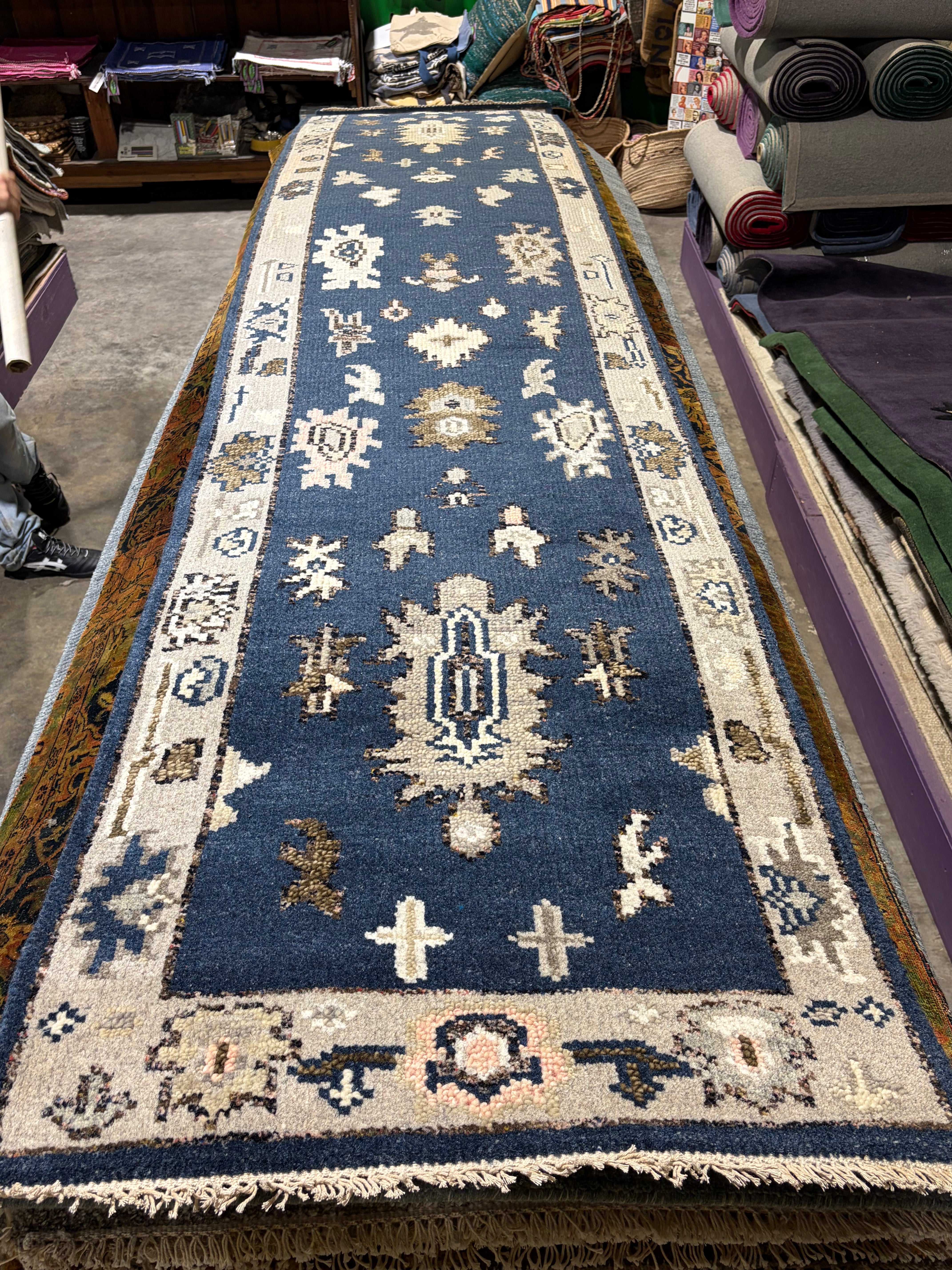 Emily Nelson 2.6x12.3 Blue Hand-Knotted Oushak Runner