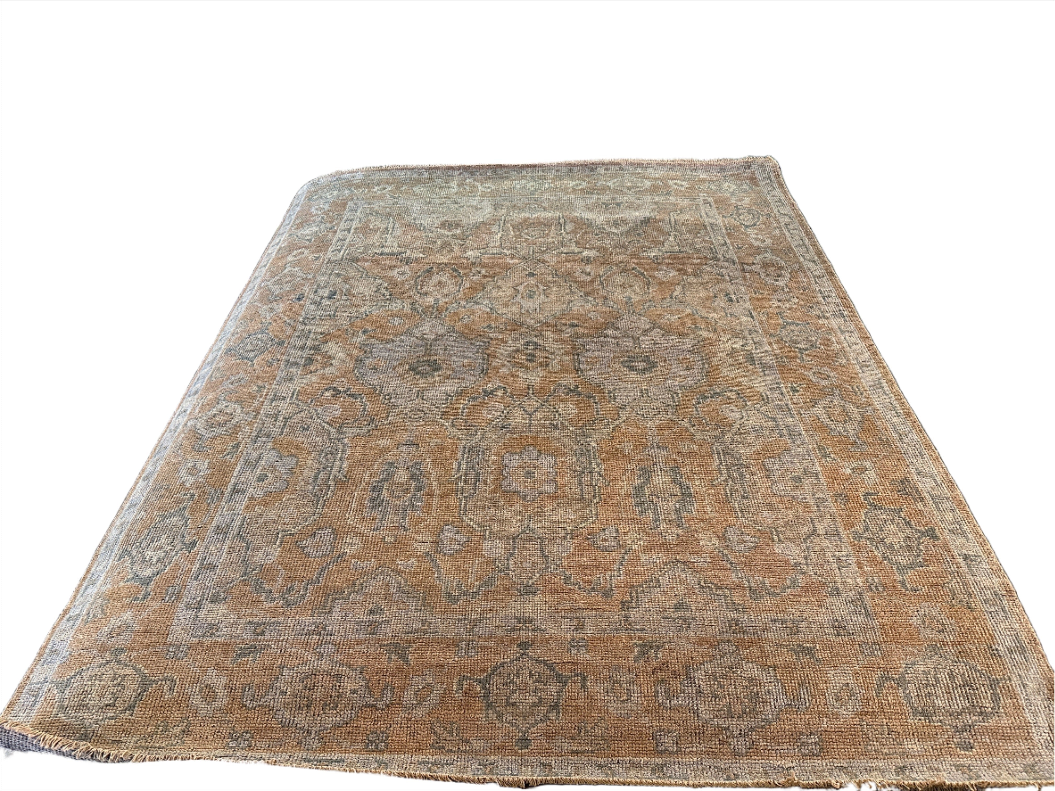 Delphine Krakoff 8.3x10 Light Brown and Blue Hand-Knotted Oushak Rug