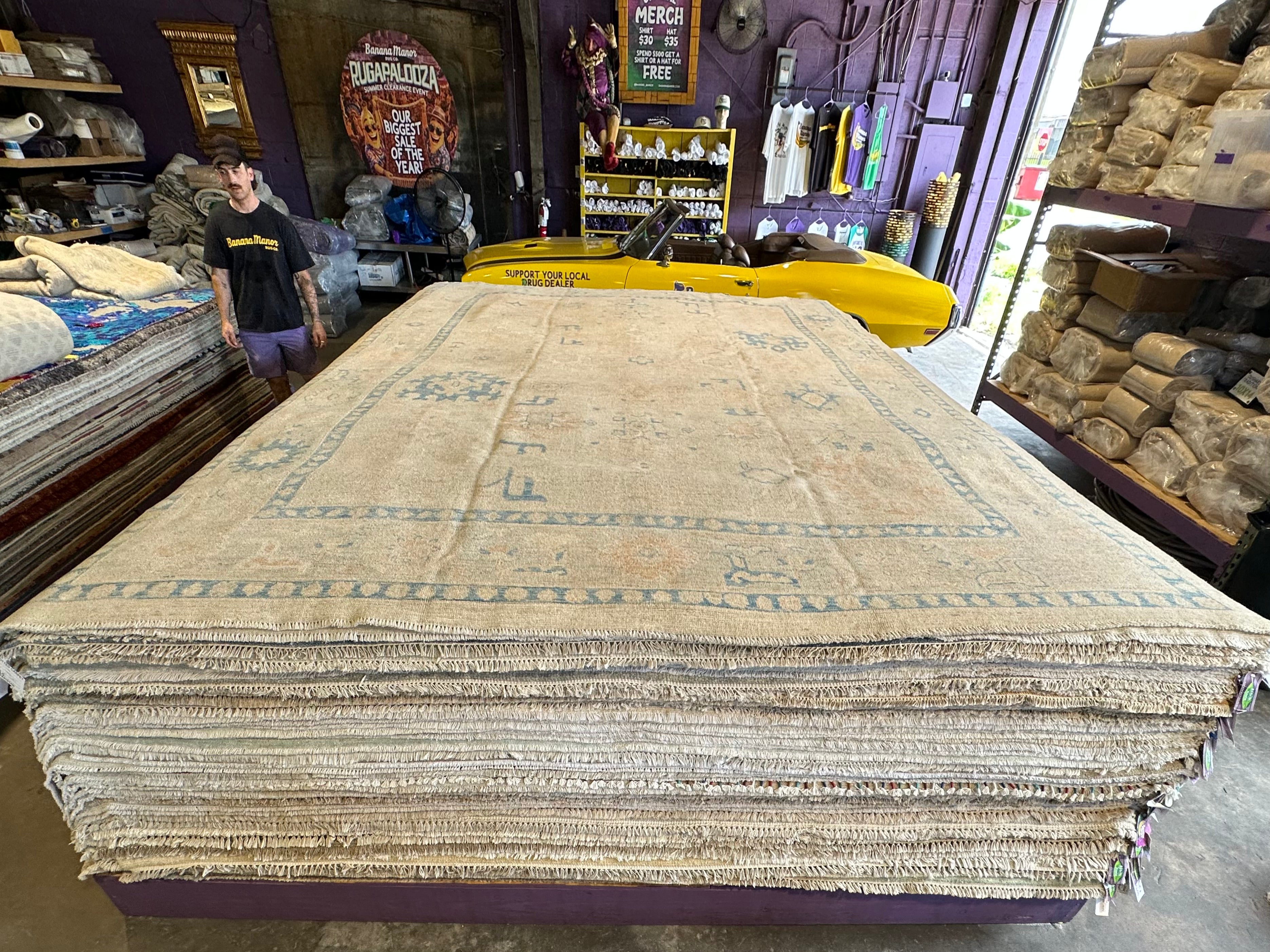 Samantha Brown 10.1x13.5 Beige and Blue Whitewashed Hand-Knotted Oushak