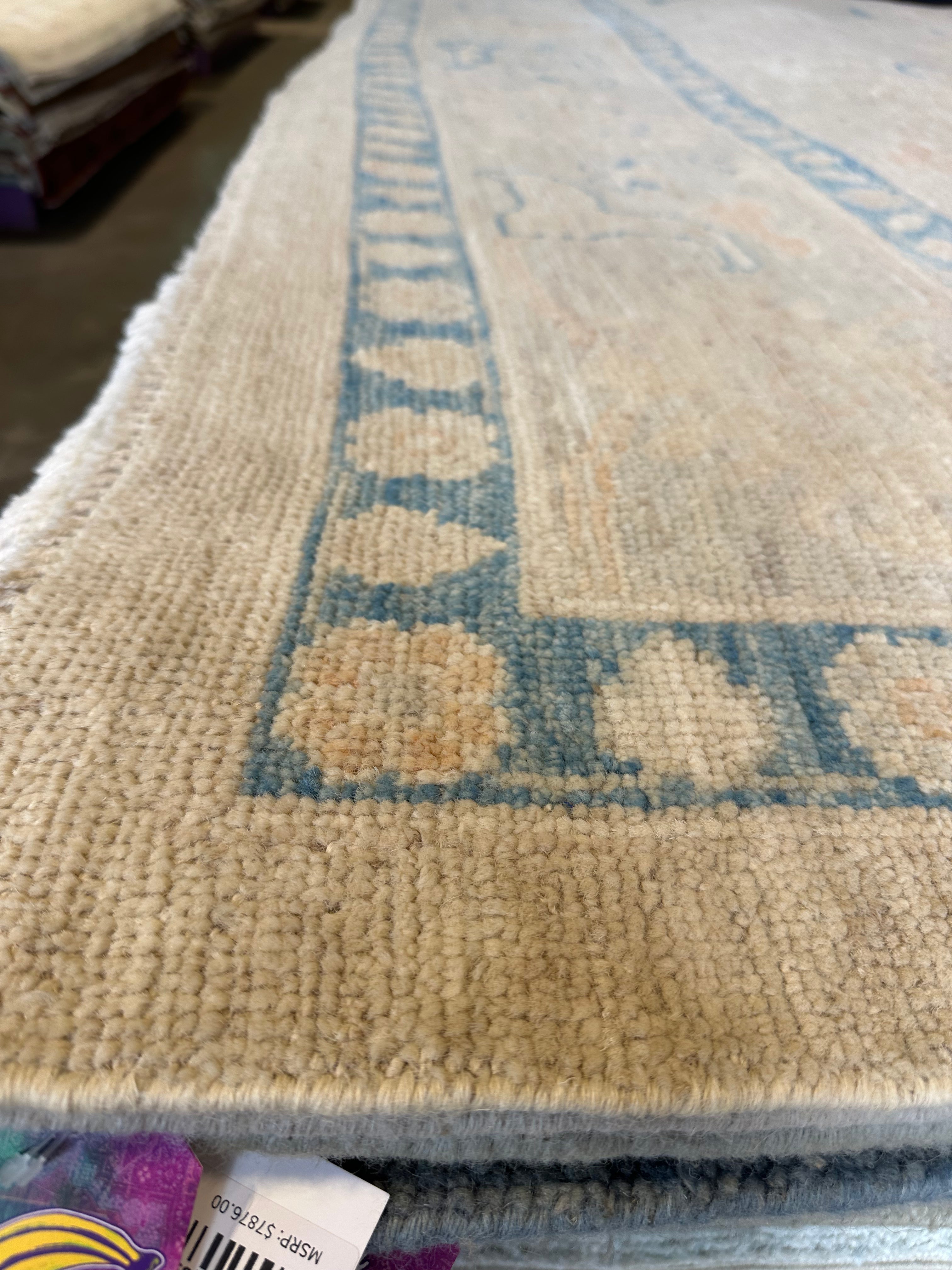 Samantha Brown 10.1x13.5 Beige and Blue Whitewashed Hand-Knotted Oushak
