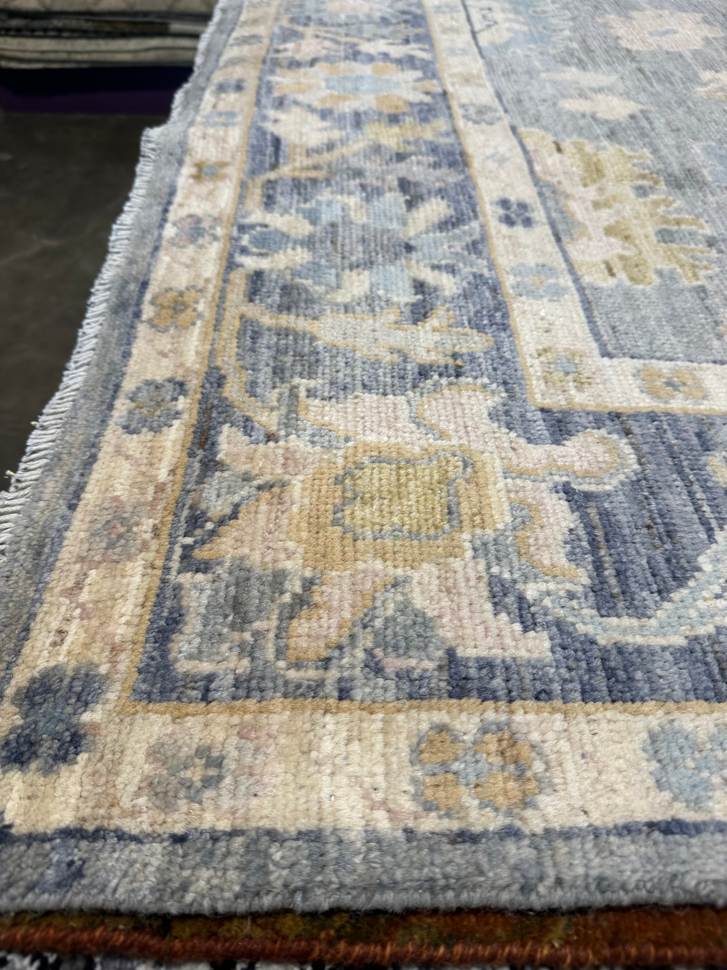 Adrienne Erickson 4.9x6.10 Blue Whitewashed Hand-Knotted Oushak