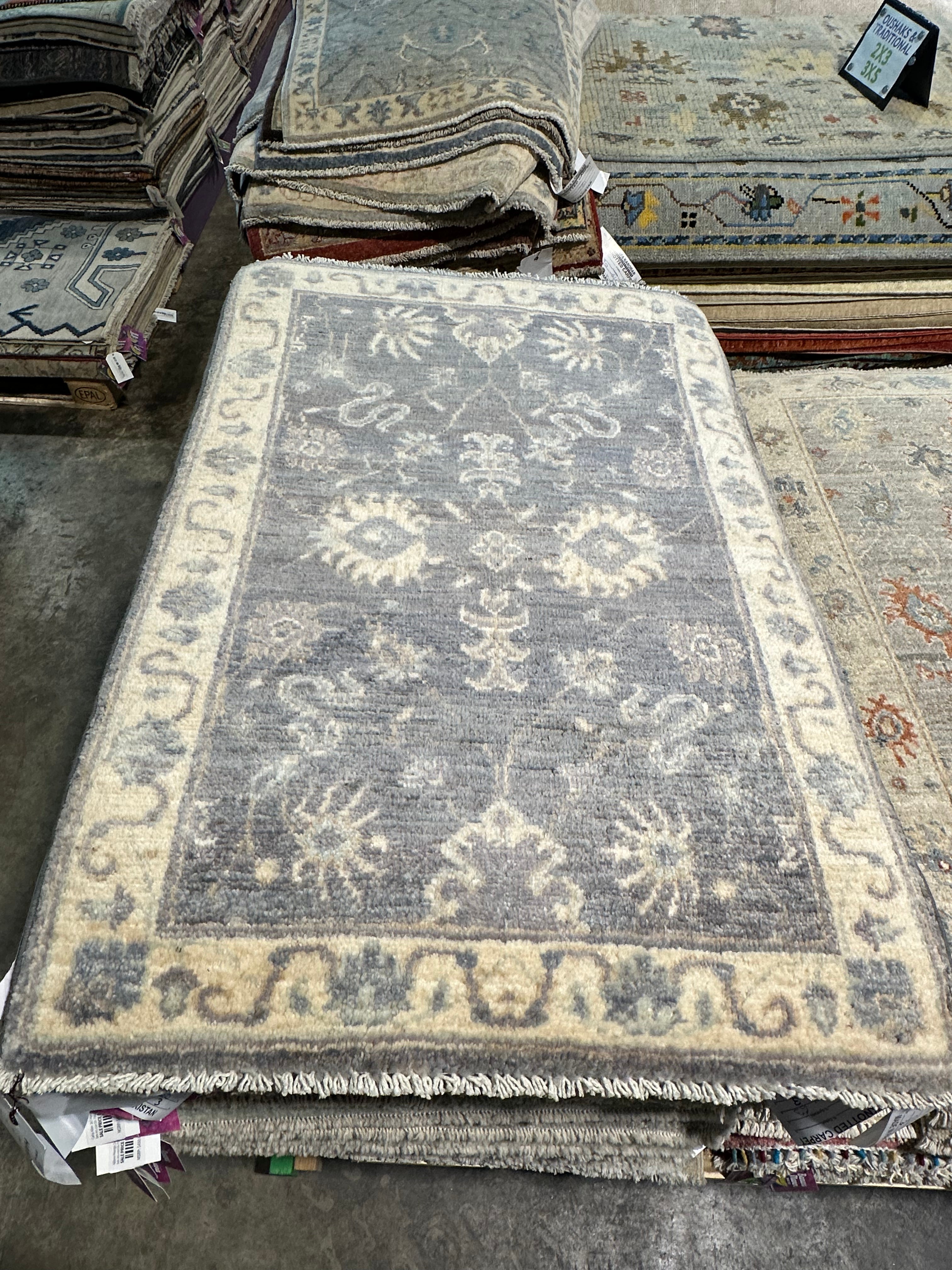 Stephane Gaudet 2x3 Blue Whitewashed Hand-Knotted Oushak