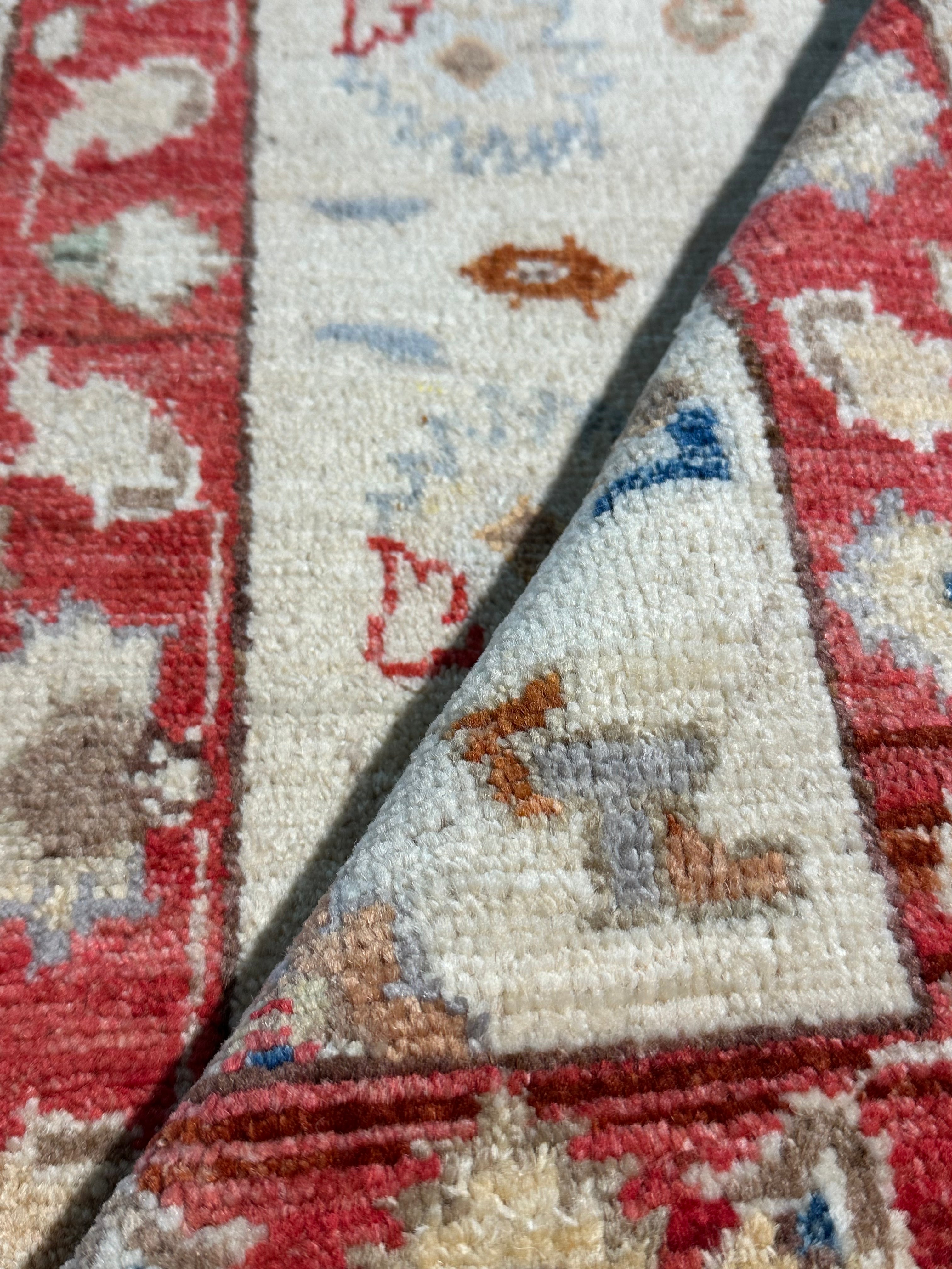 Pegah Ghafoori 1.11x3.2 Red and Cream Hand-Knotted Oushak Rug