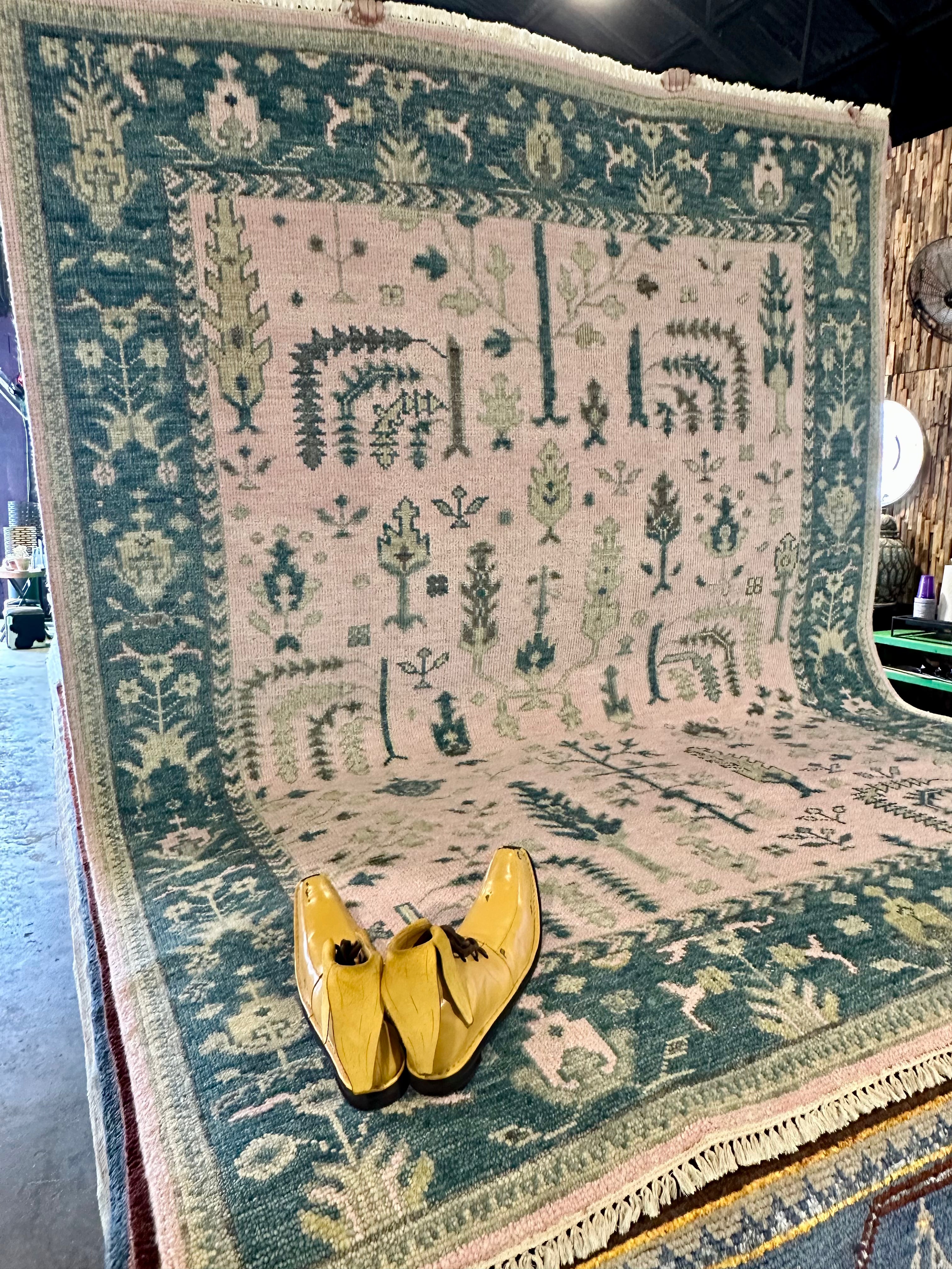 Babette 8x10 Pink and Green Hand-Knotted Oushak Rug