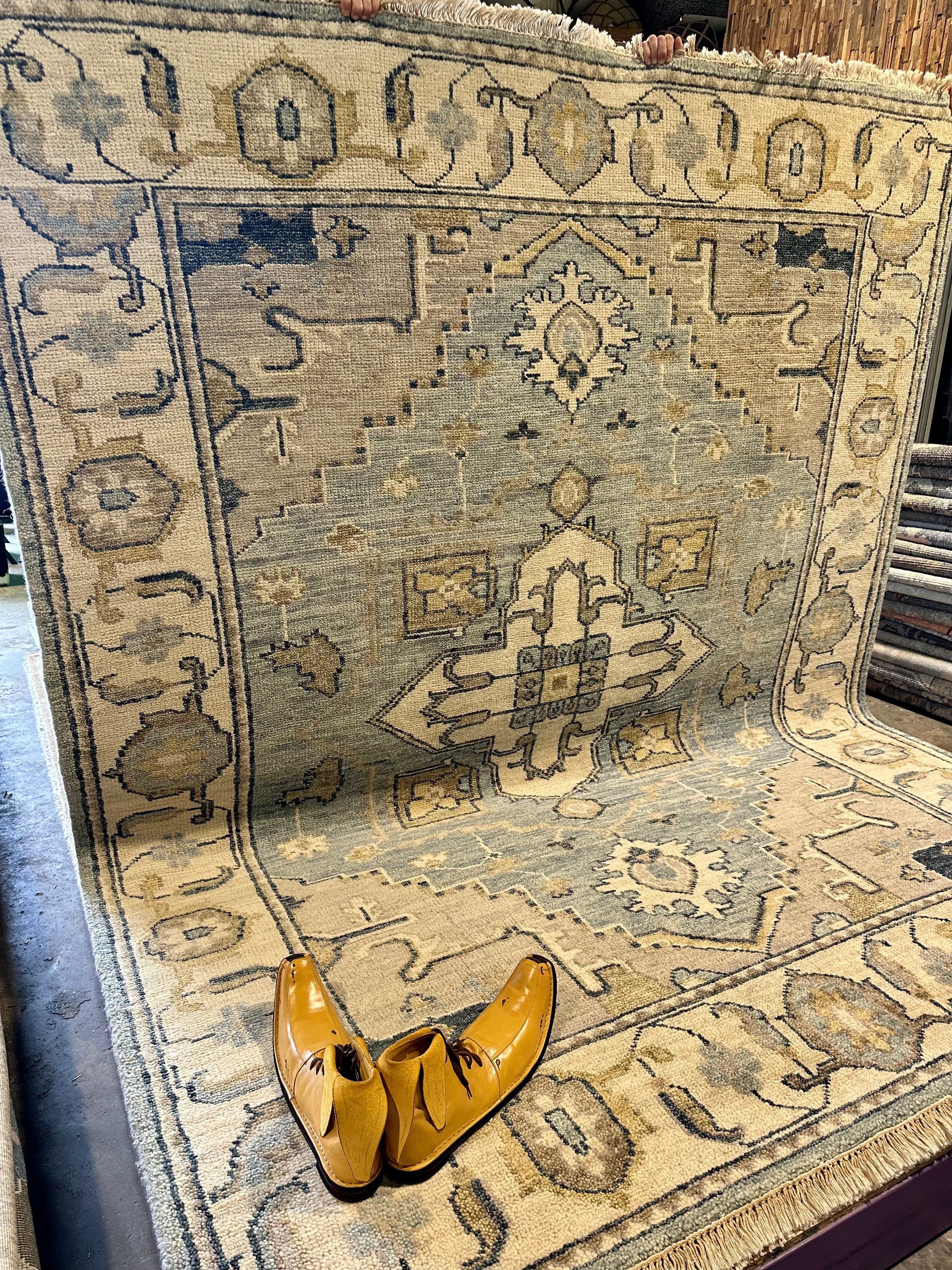 Gabriella 8x9.9  Aqua and Ivory Hand-Knotted Oushak Rug