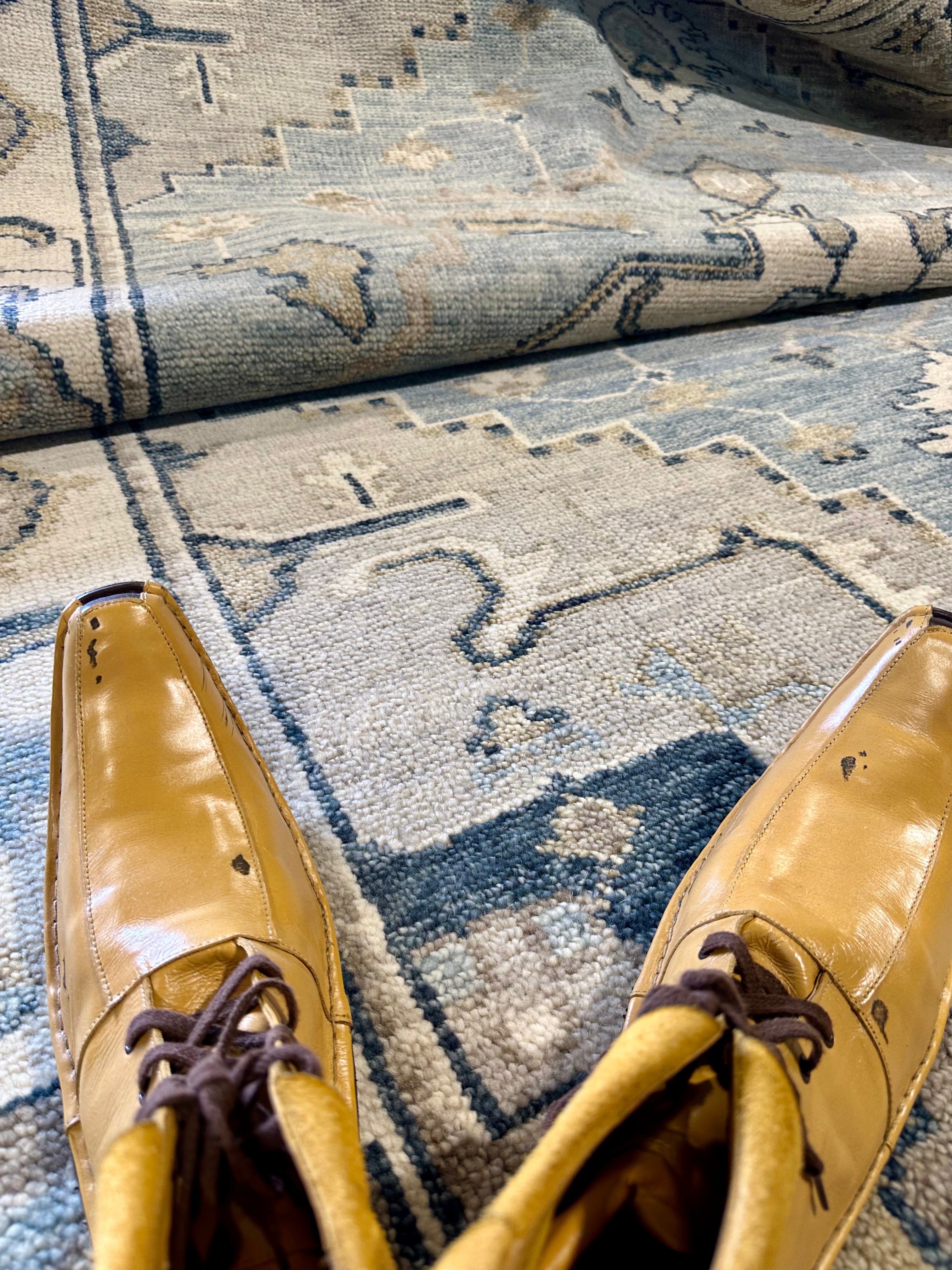 Gabriella 8x9.9  Aqua and Ivory Hand-Knotted Oushak Rug