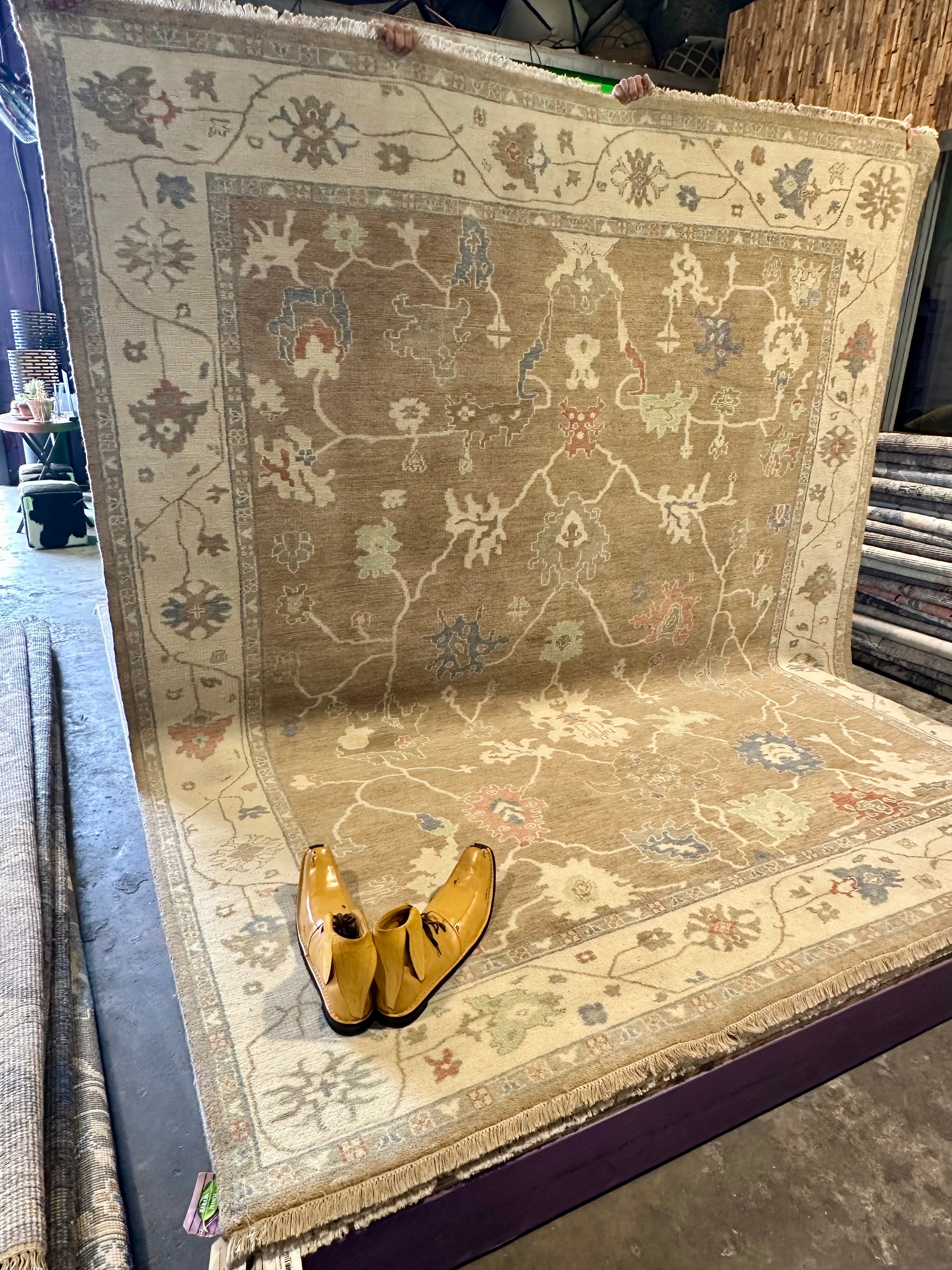 Helen Seinfeld 8.6x10  Brown and Tan Hand-Knotted Oushak Rug