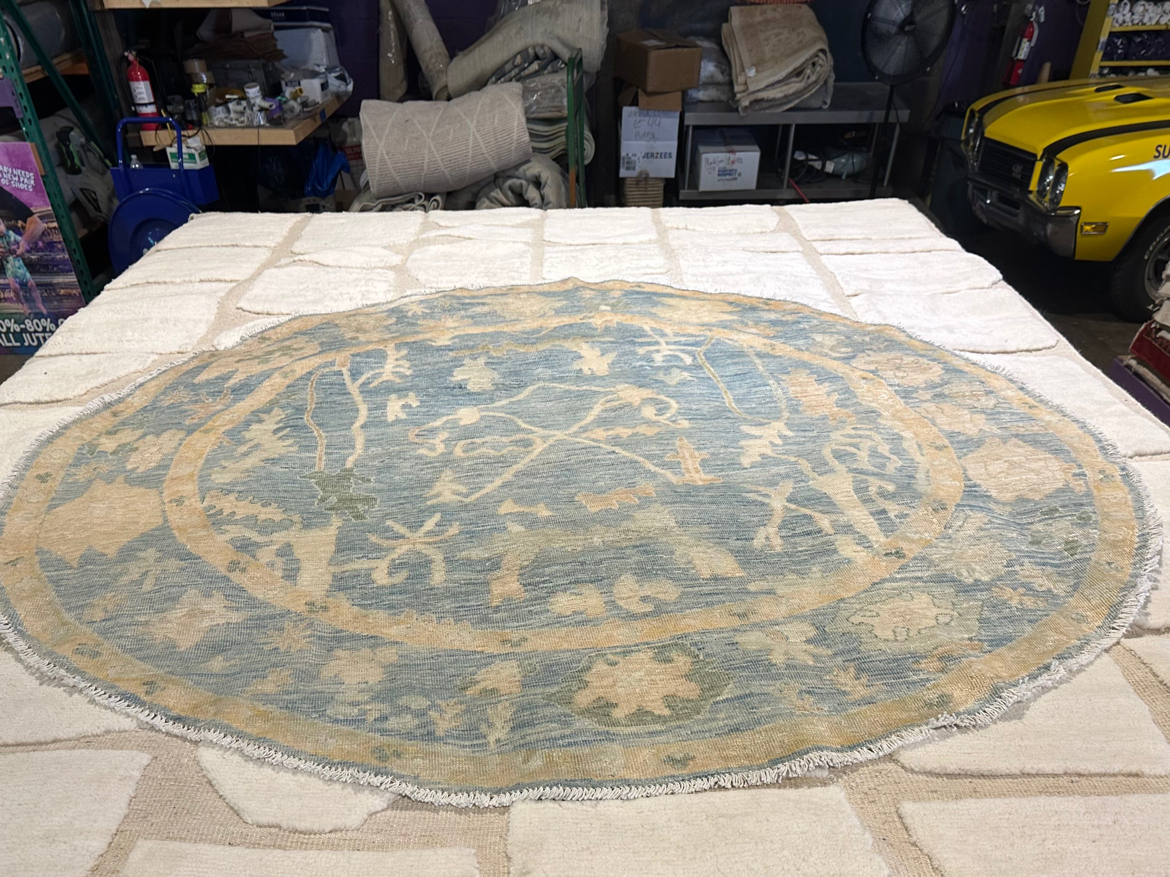 Marlene Campbell 8x8 Round Blue Whitewashed Hand-Knotted Oushak