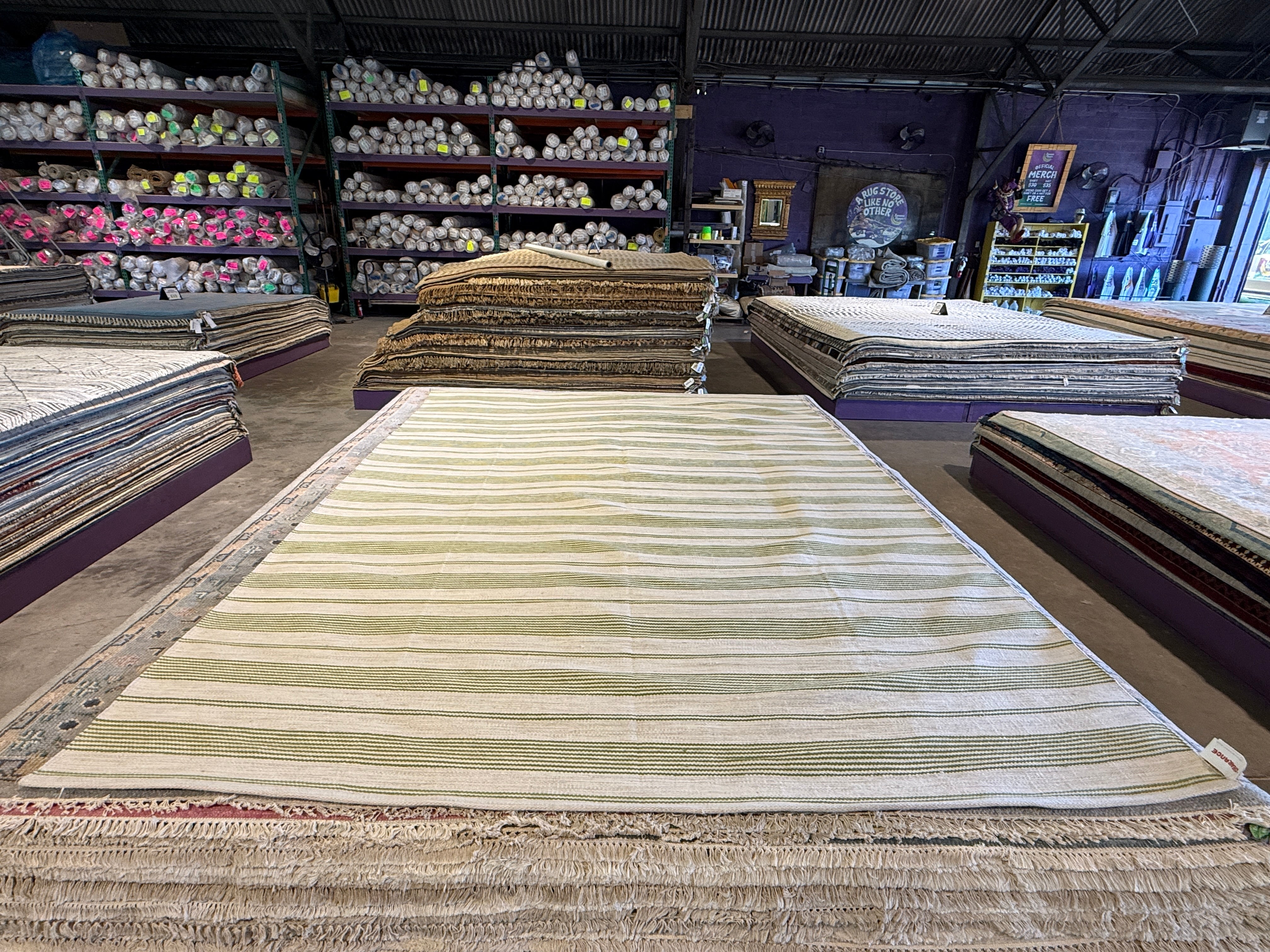 Rosemary 8x11.3 Green Striped Handwoven Durrie Rug CLEARANCE