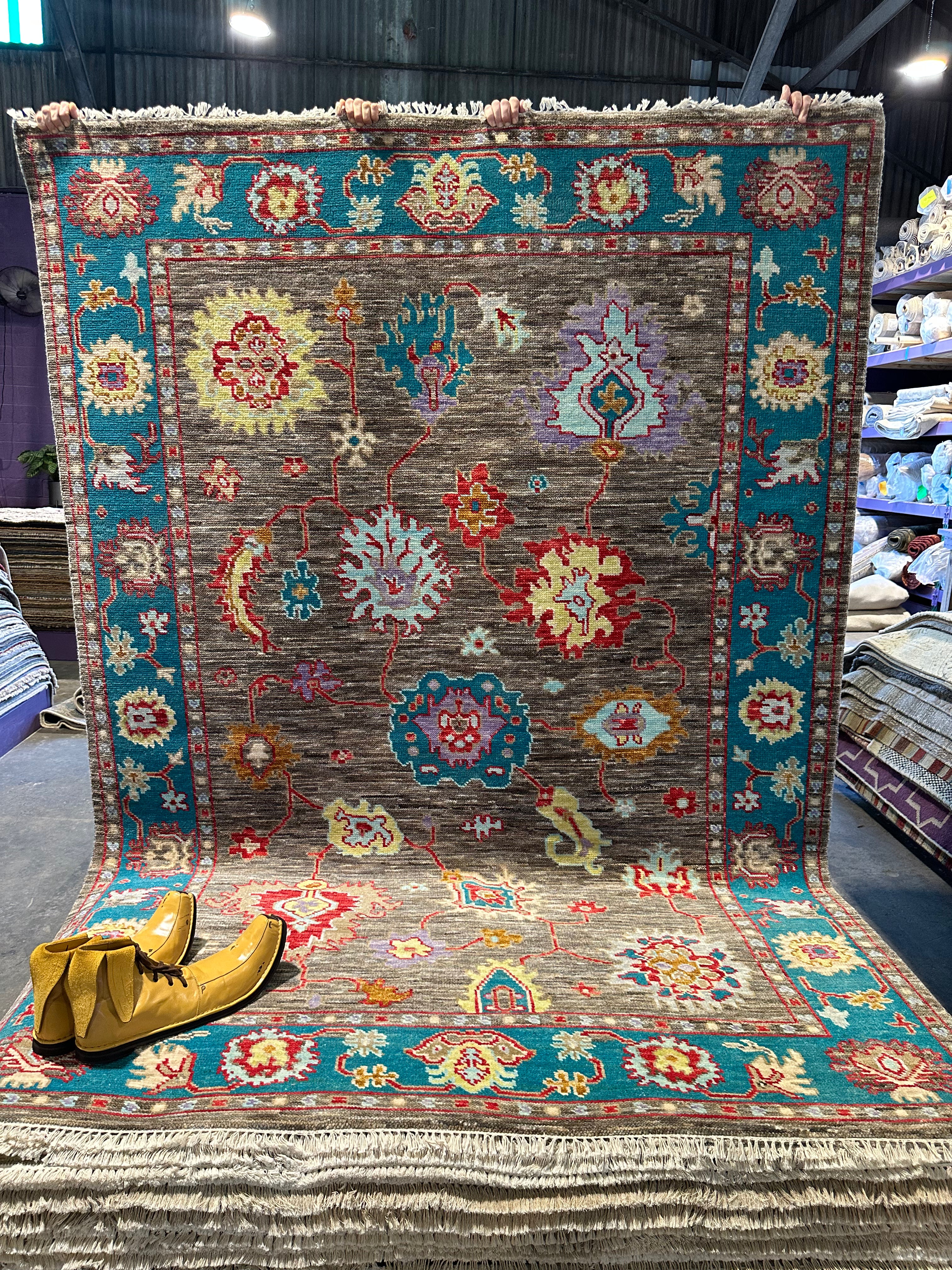 Katie Ginella 6.3x9 Grey and Blue Hand-Knotted Oushak