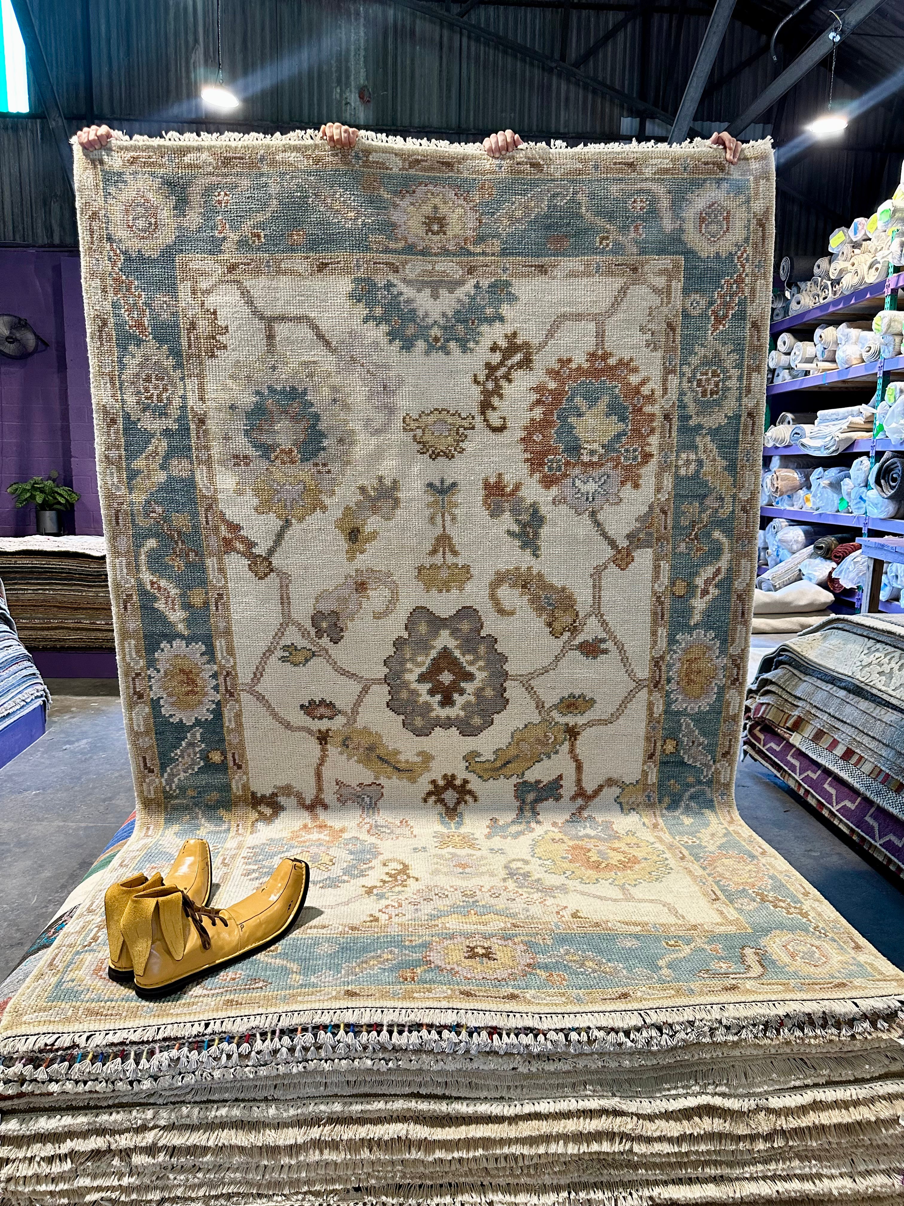 Xandy 6x9 Ivory and Green Hand-Knotted Oushak Rug