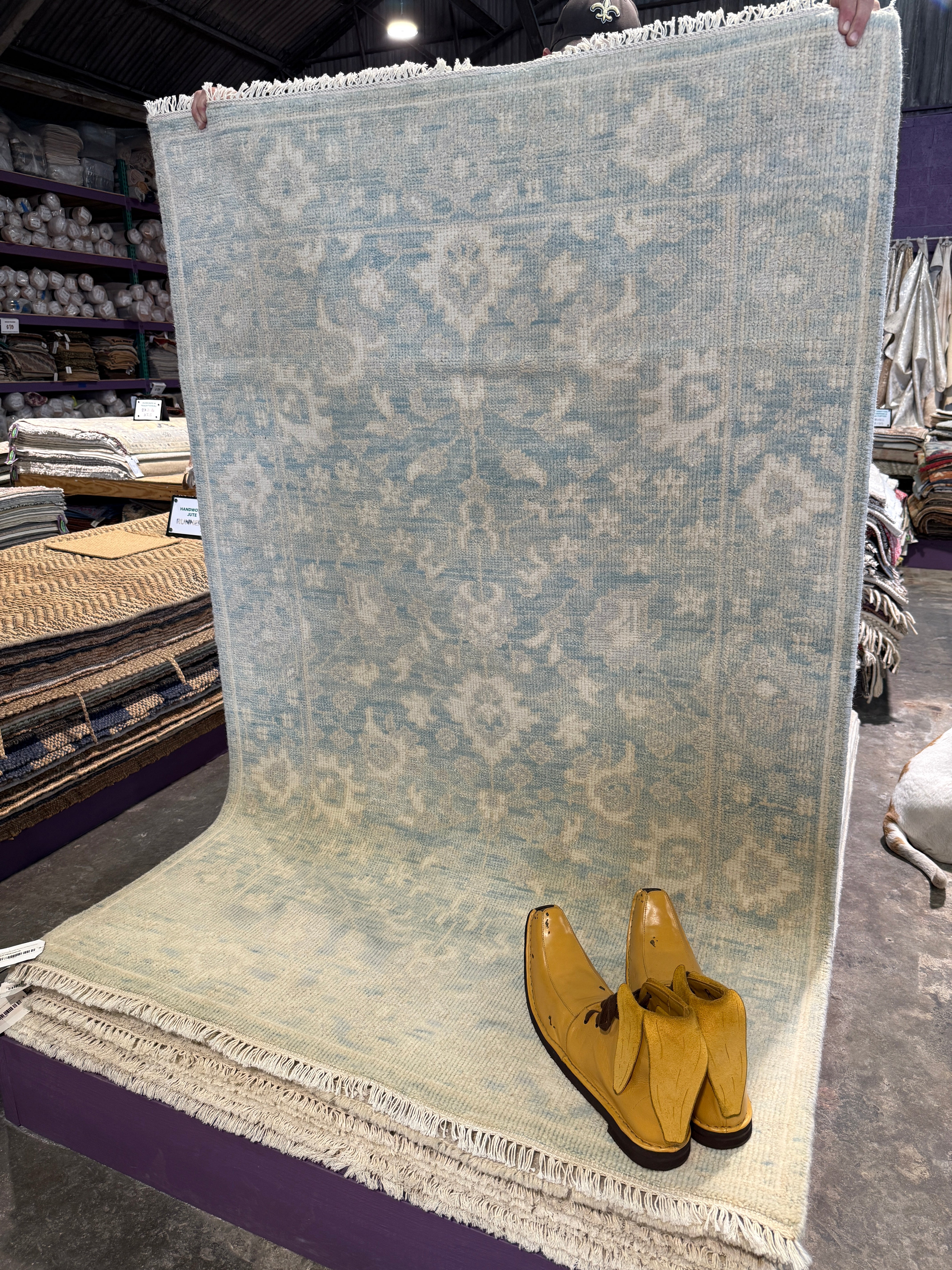 Olympia O'Hara 4x6 Hand-Knotted Oushak Rug Aqua and Silver O'Hara