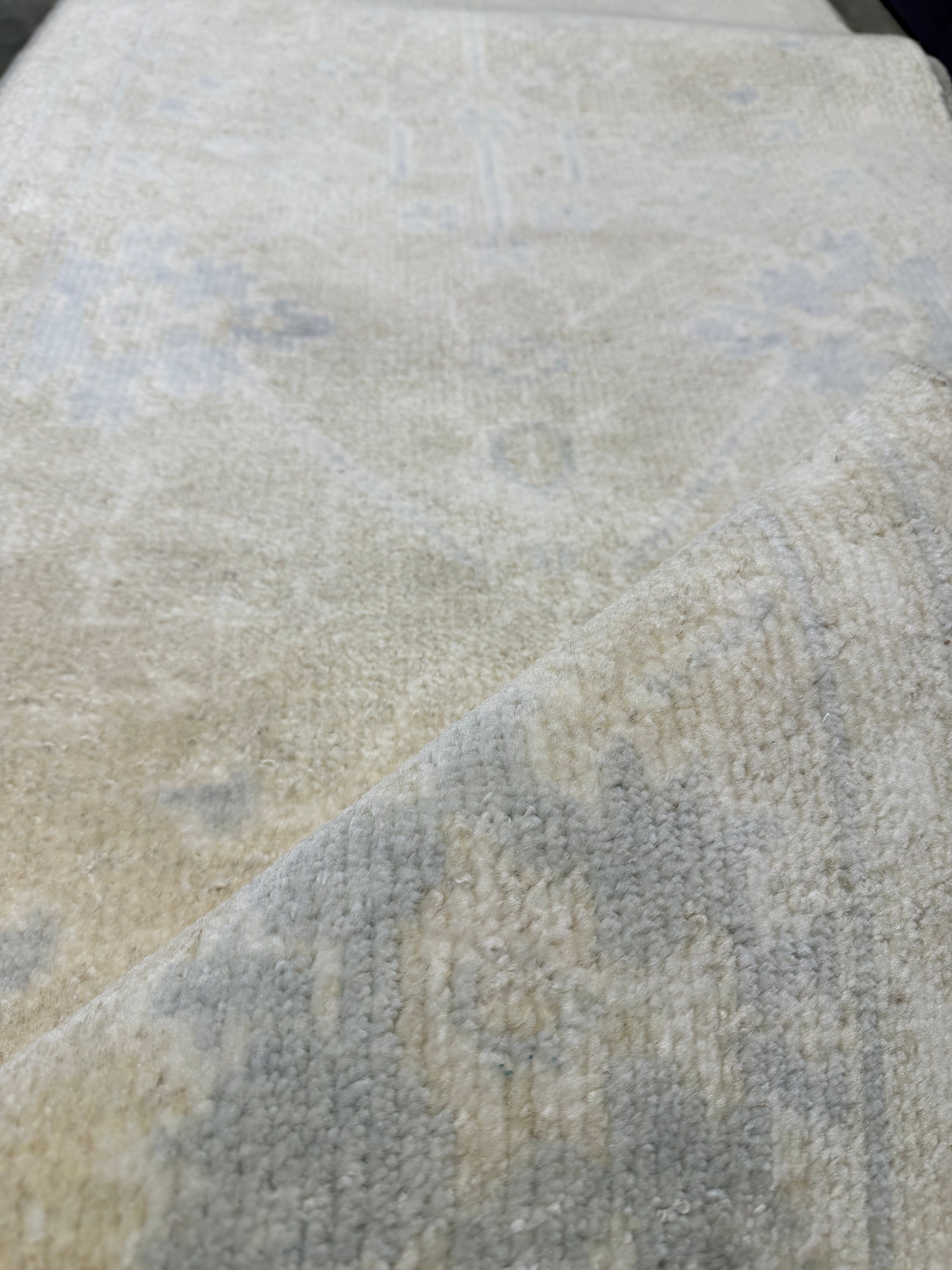 Bonnie Tyler 2.6x12.3 Hand-Knotted Beige & Silver Oushak Runner Rug