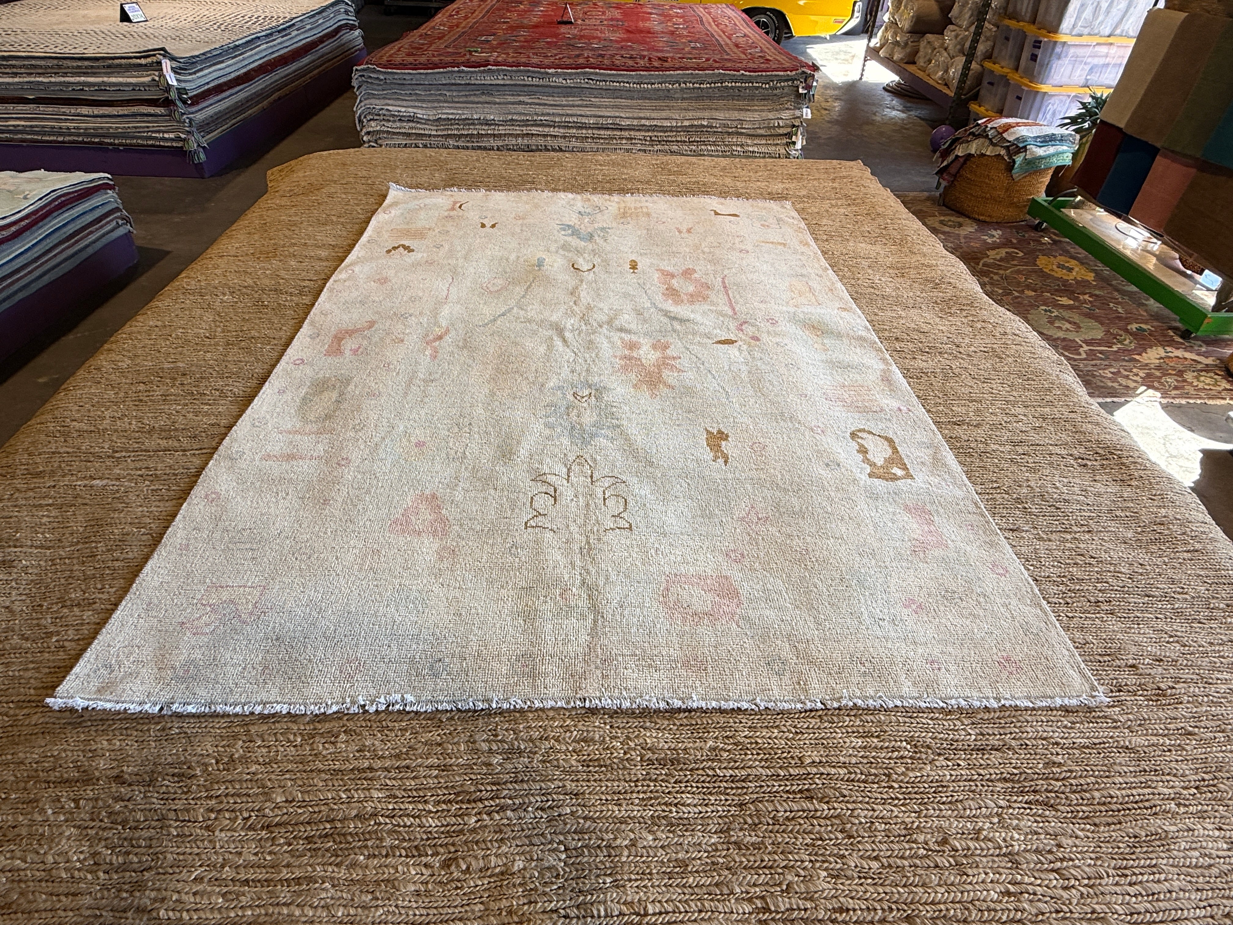 Alexandra Harkin 5.5x7.8 Blue & Pink Whitewashed Afghani Oushak Rug