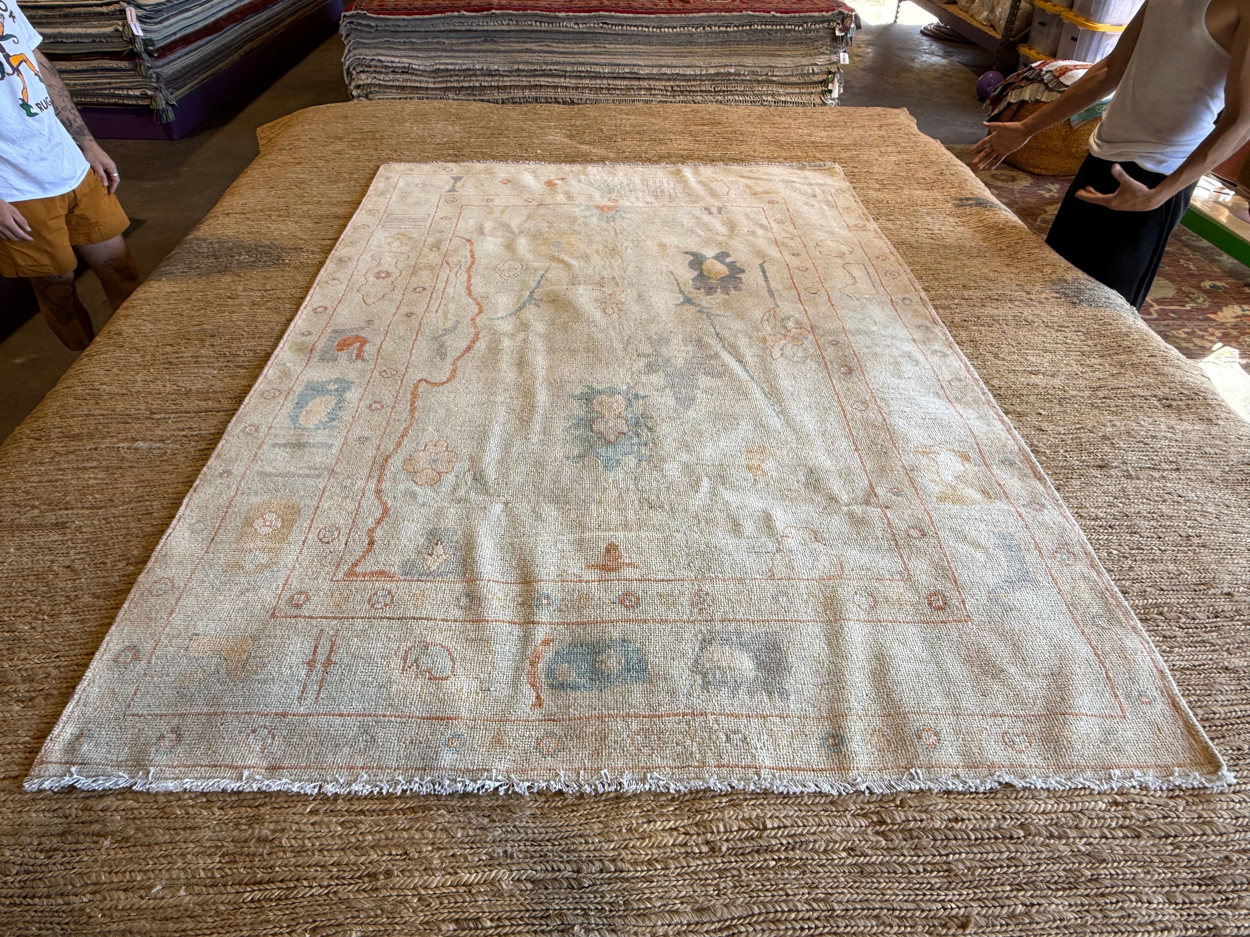 Michaela Kurimsky 5.4x7.8 Blue & Orange Whitewashed Afghani Oushak Rug
