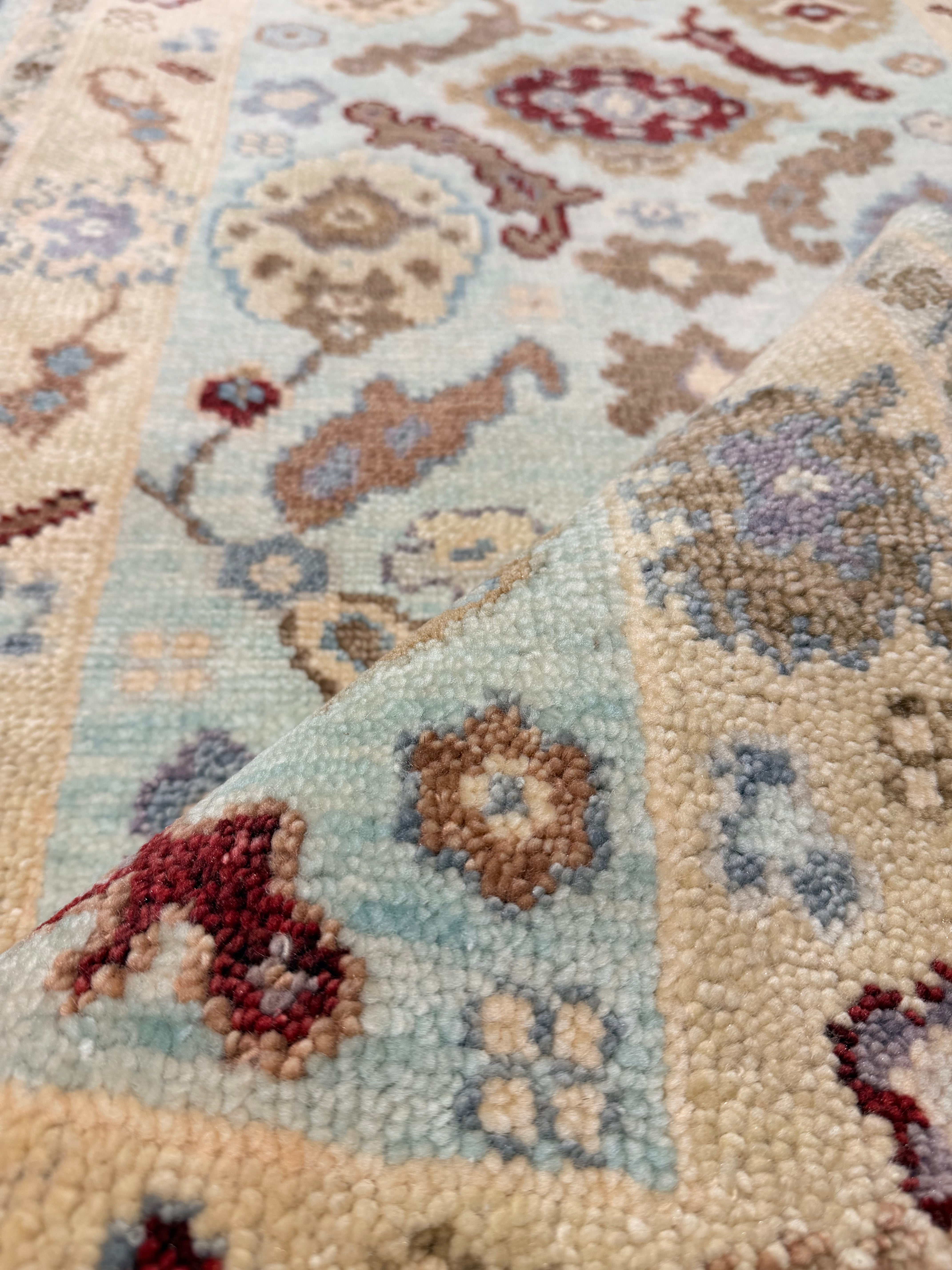 Wi Kuki Kaa 3x14 and-Knotted Light Blue Oushak Runner Rug