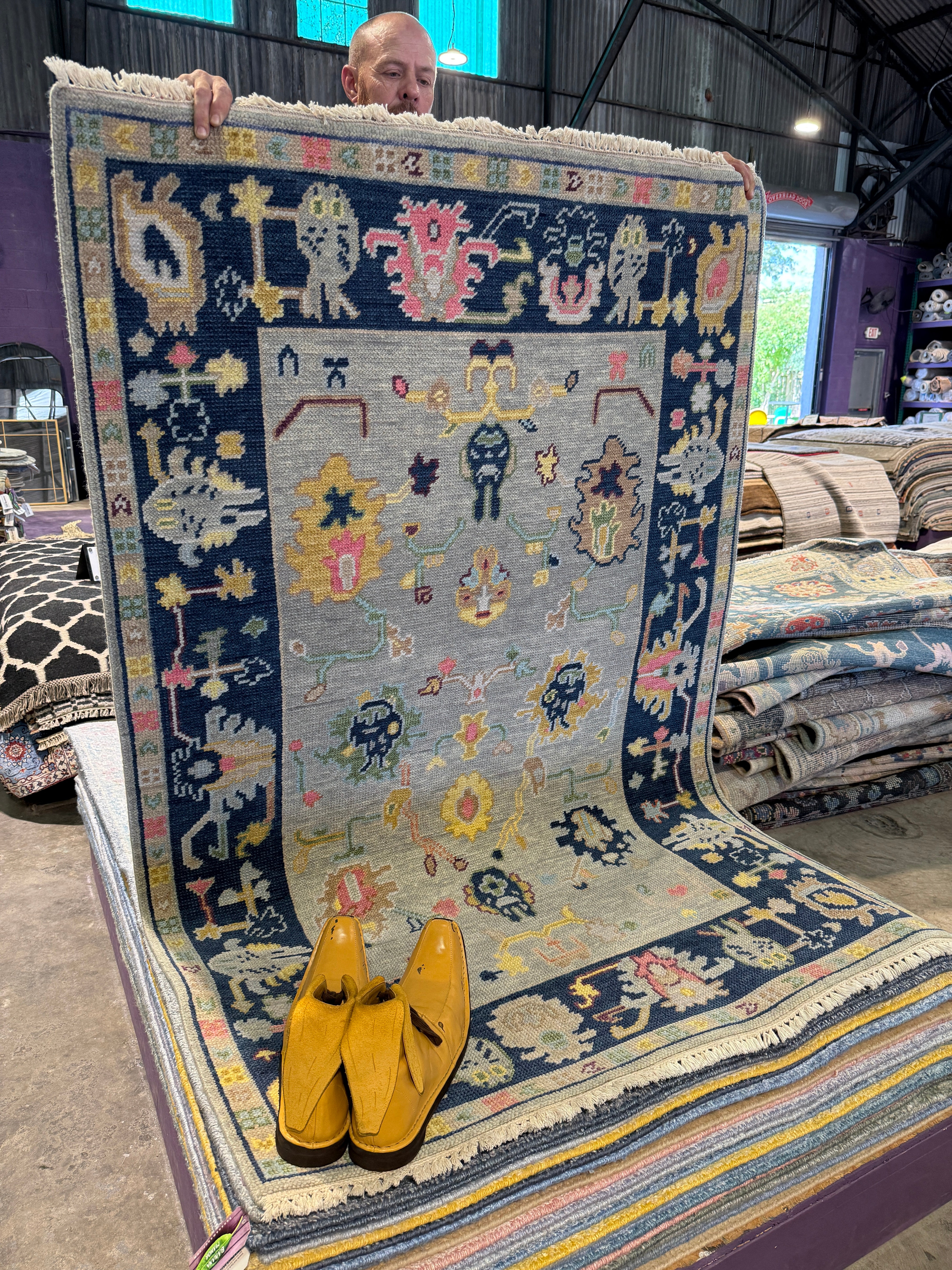 Lola Lane 4x6 Grey and Blue Hand-Knotted Oushak Rug