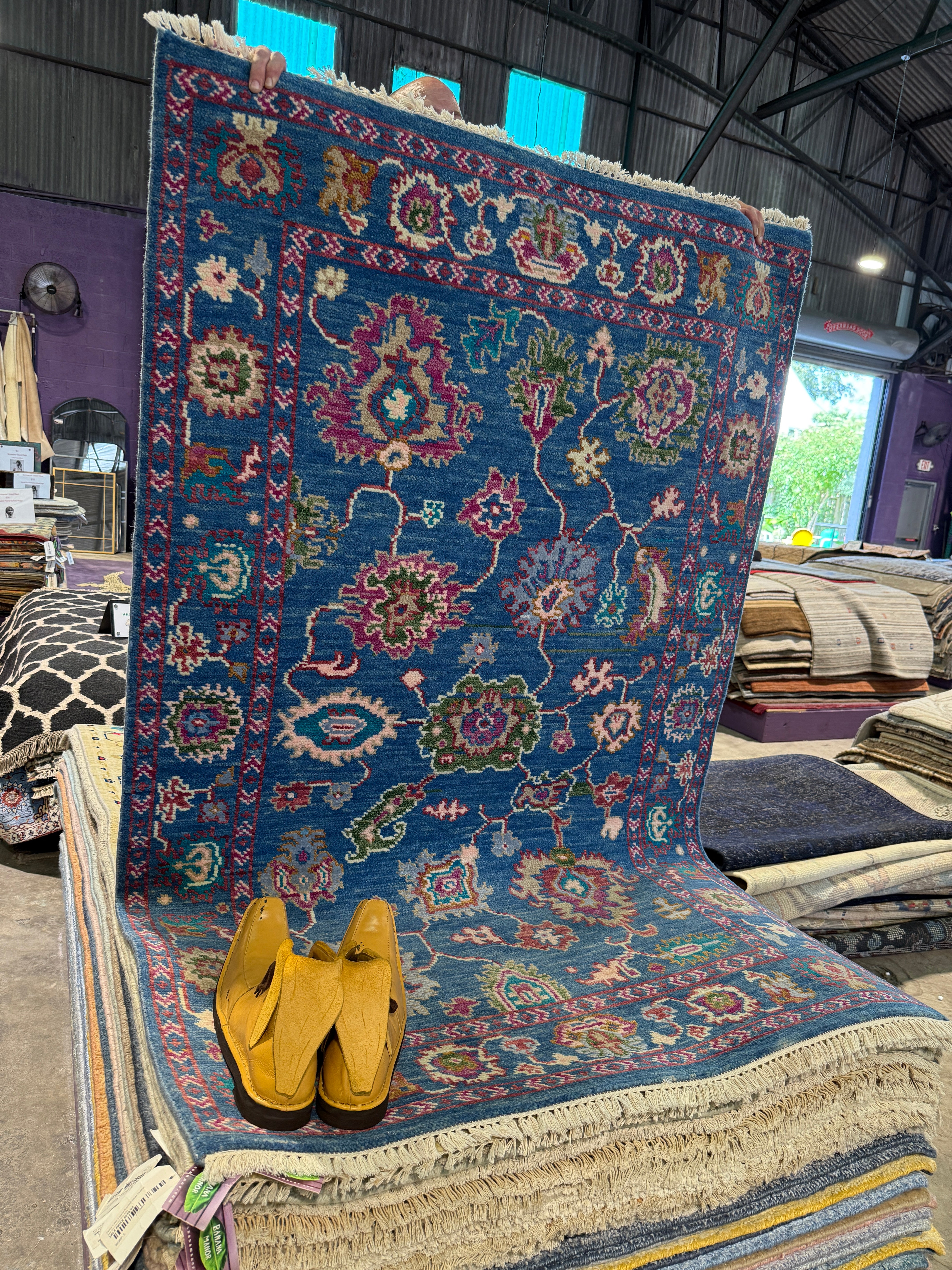 Ingrid Vandebosch Gordon 4x6.3 Blue and Green Hand-Knotted Oushak Rug