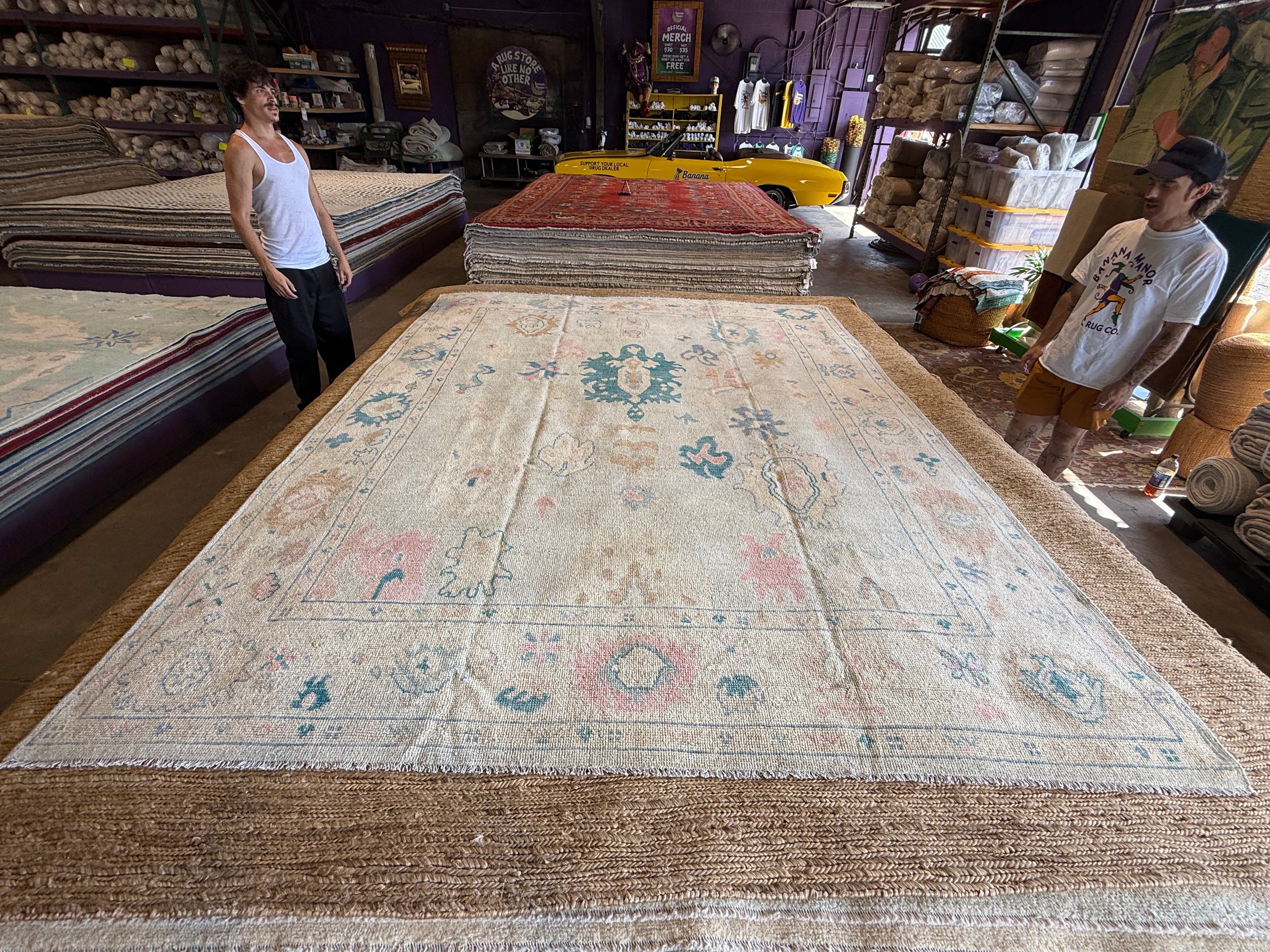 Ashley Comeau 7.6x9.9 Blue and Pink Whitewashed Afghani Oushak Rug