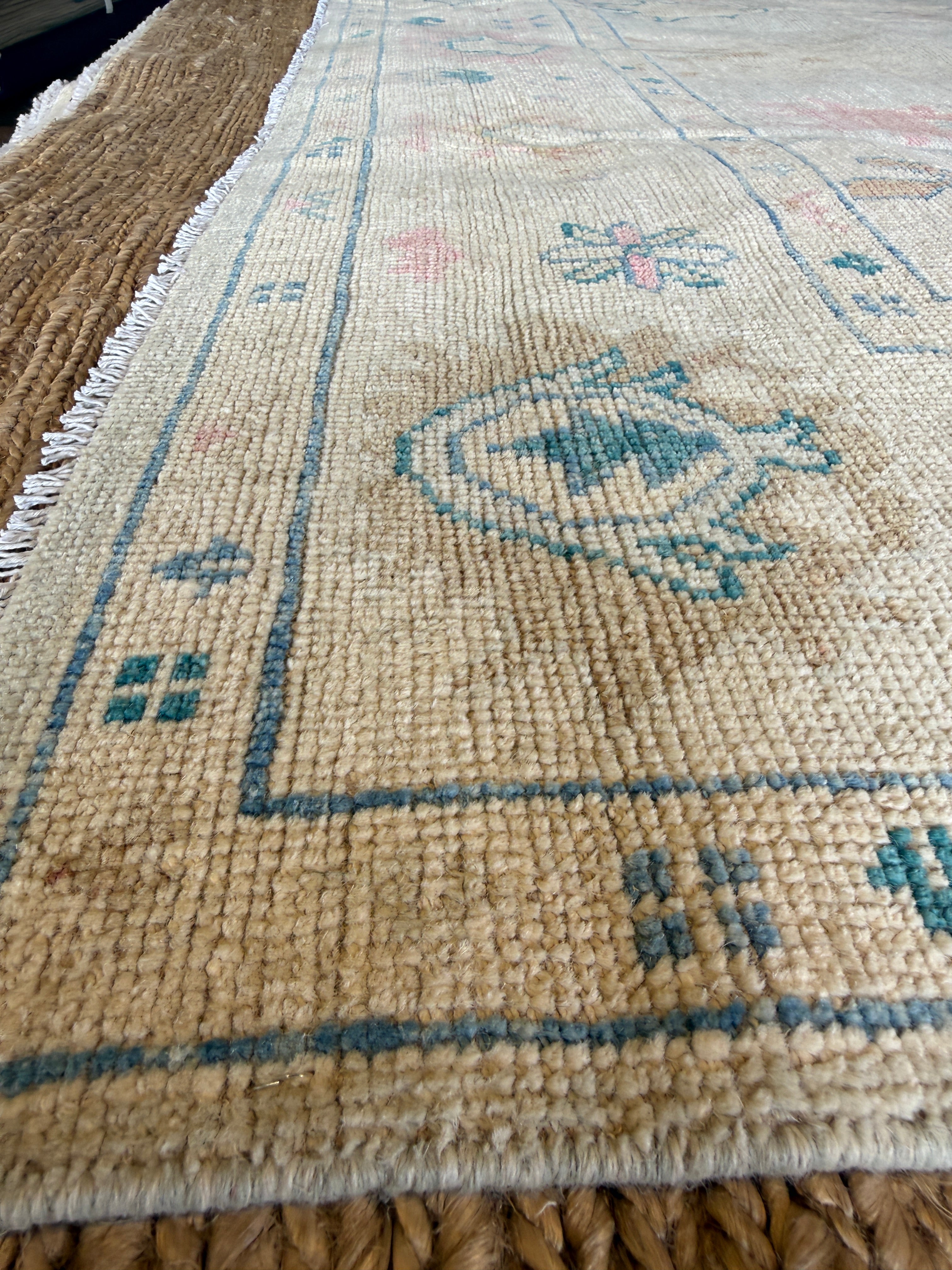 Ashley Comeau 7.6x9.9 Blue and Pink Whitewashed Afghani Oushak Rug