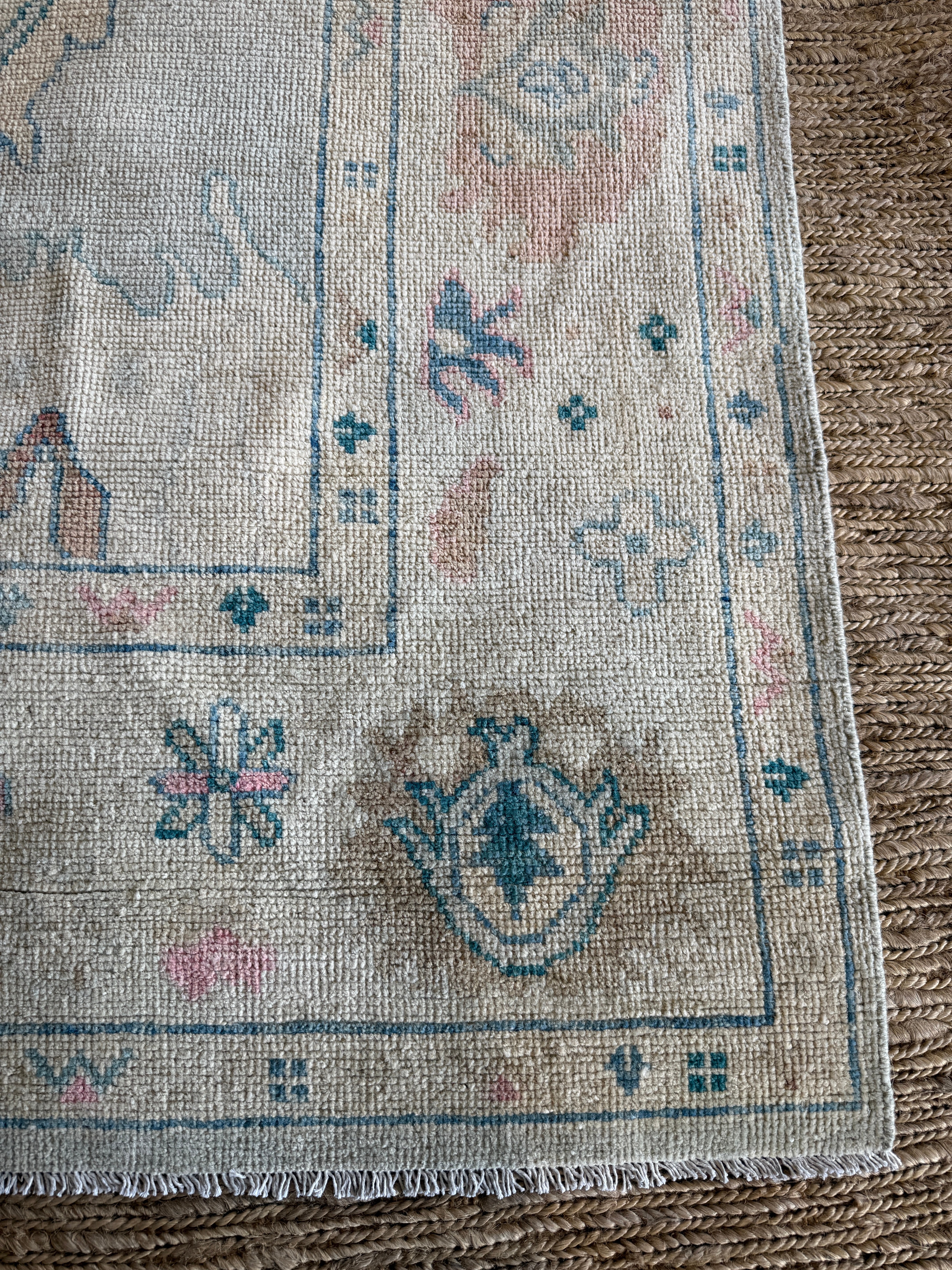 Ashley Comeau 7.6x9.9 Blue and Pink Whitewashed Afghani Oushak Rug