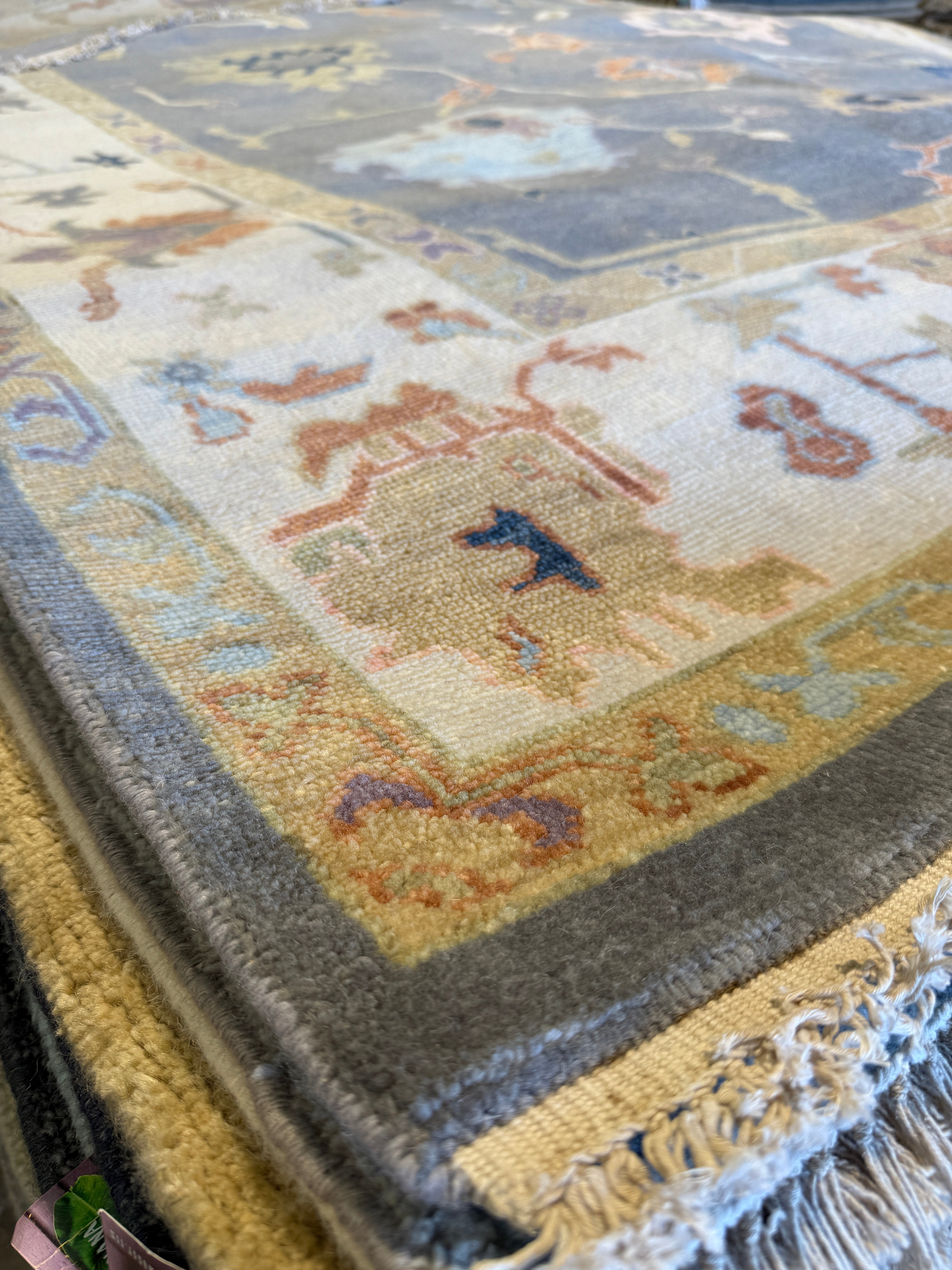 Honeysuckle 8x9.9 Grey and Ivory Hand-Knotted Oushak Rug