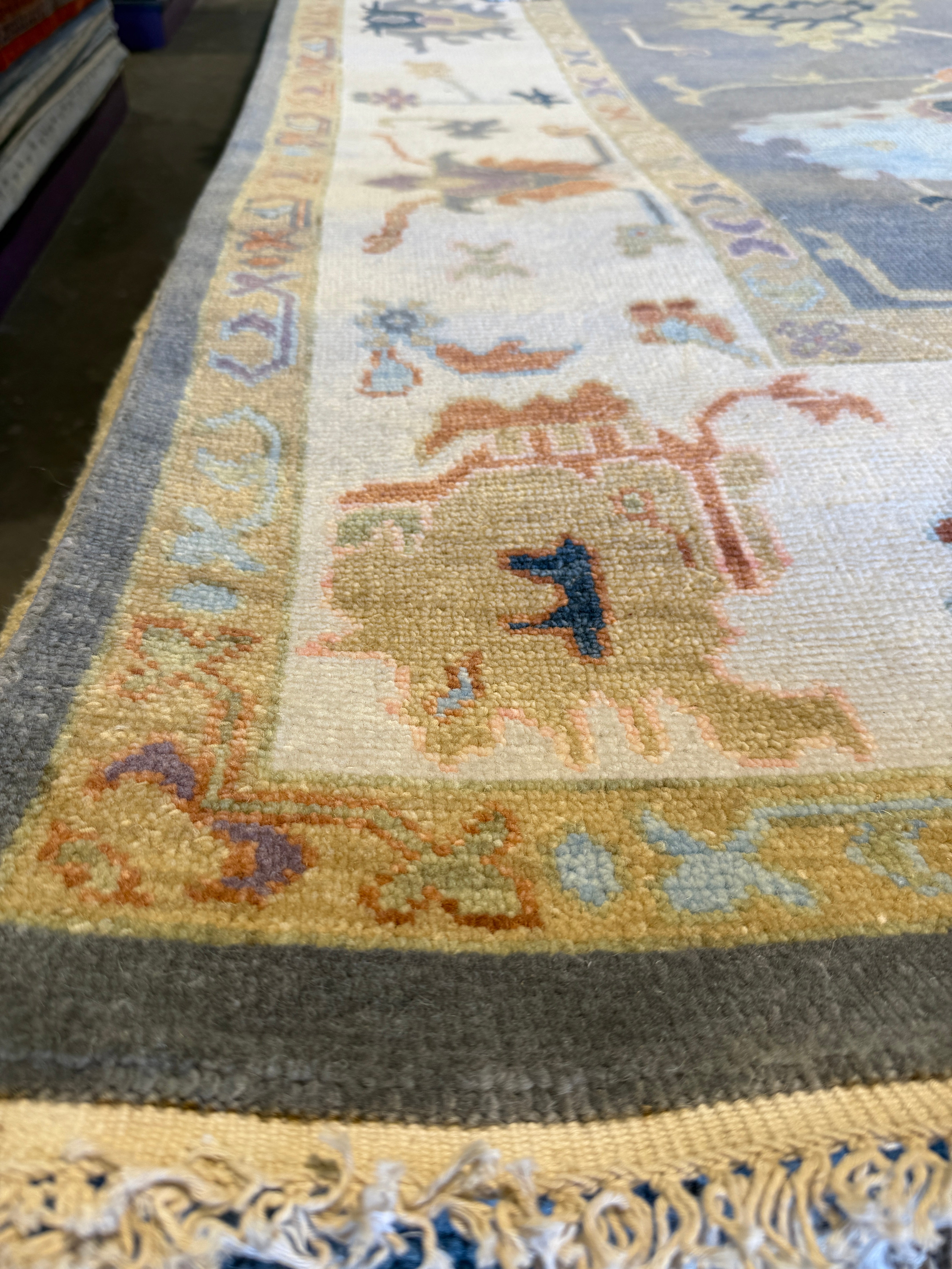 Honeysuckle 8x9.9 Grey and Ivory Hand-Knotted Oushak Rug