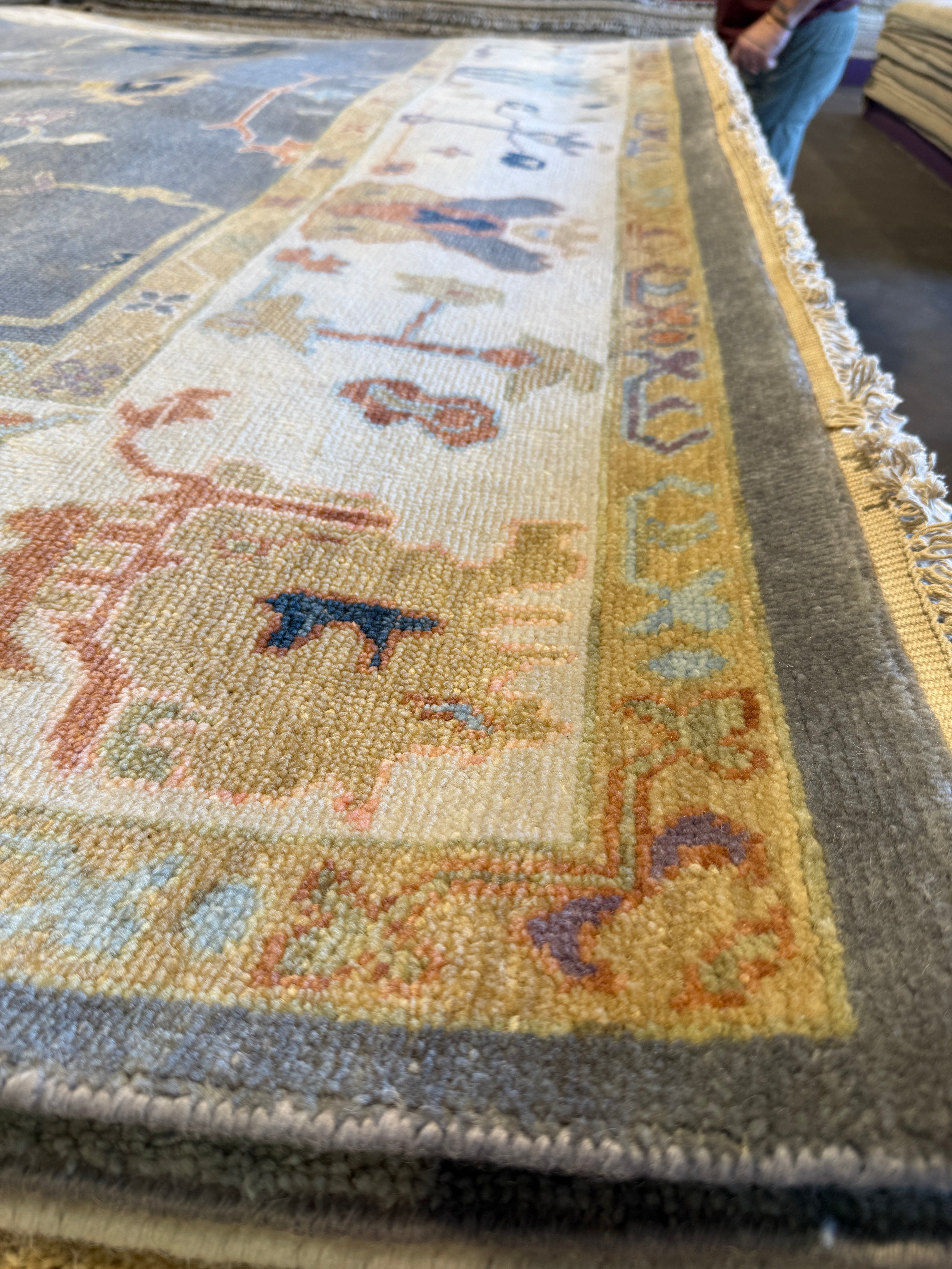 Honeysuckle 8x9.9 Grey and Ivory Hand-Knotted Oushak Rug