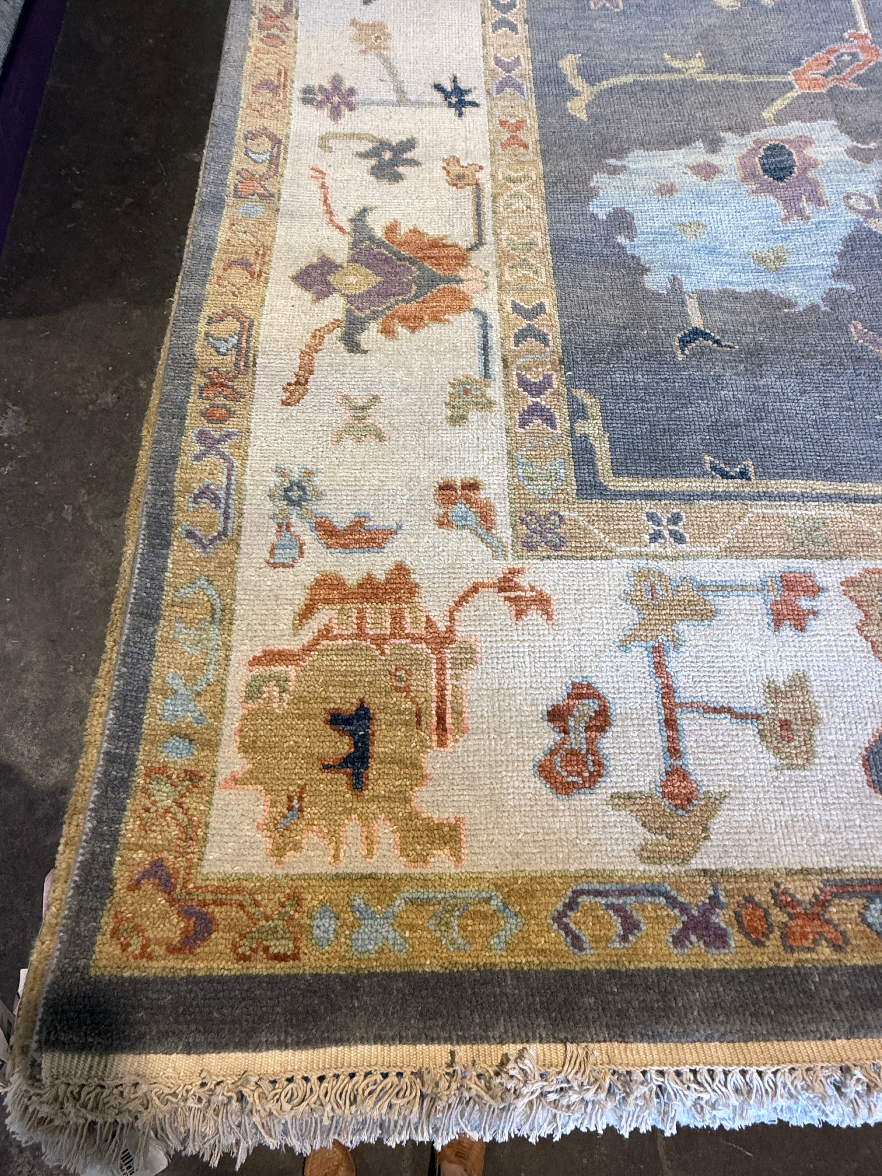 Honeysuckle 8x9.9 Grey and Ivory Hand-Knotted Oushak Rug