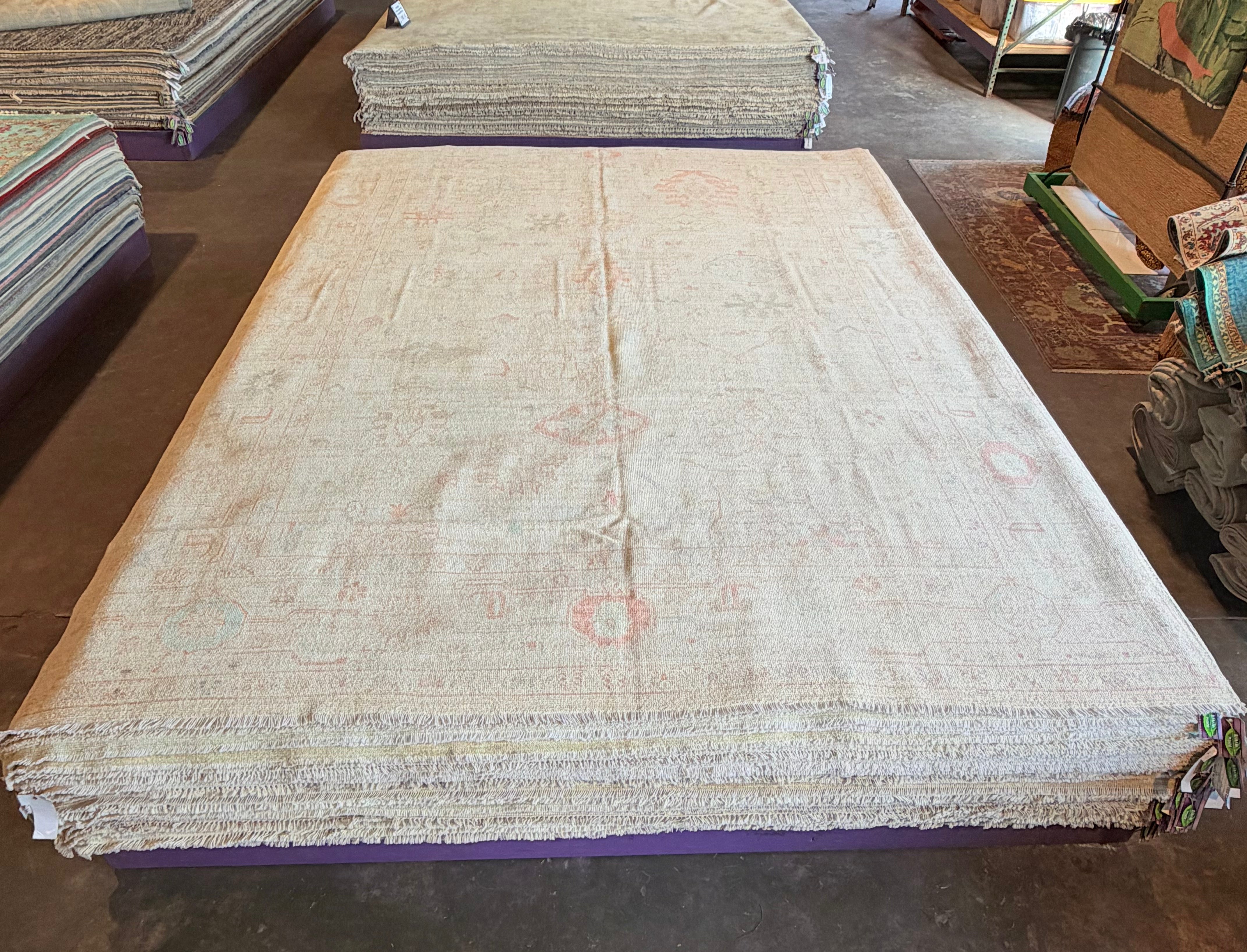 Harriet Garcia 8.11x11.11 Pink and Blue Afghani Whitewashed Oushak