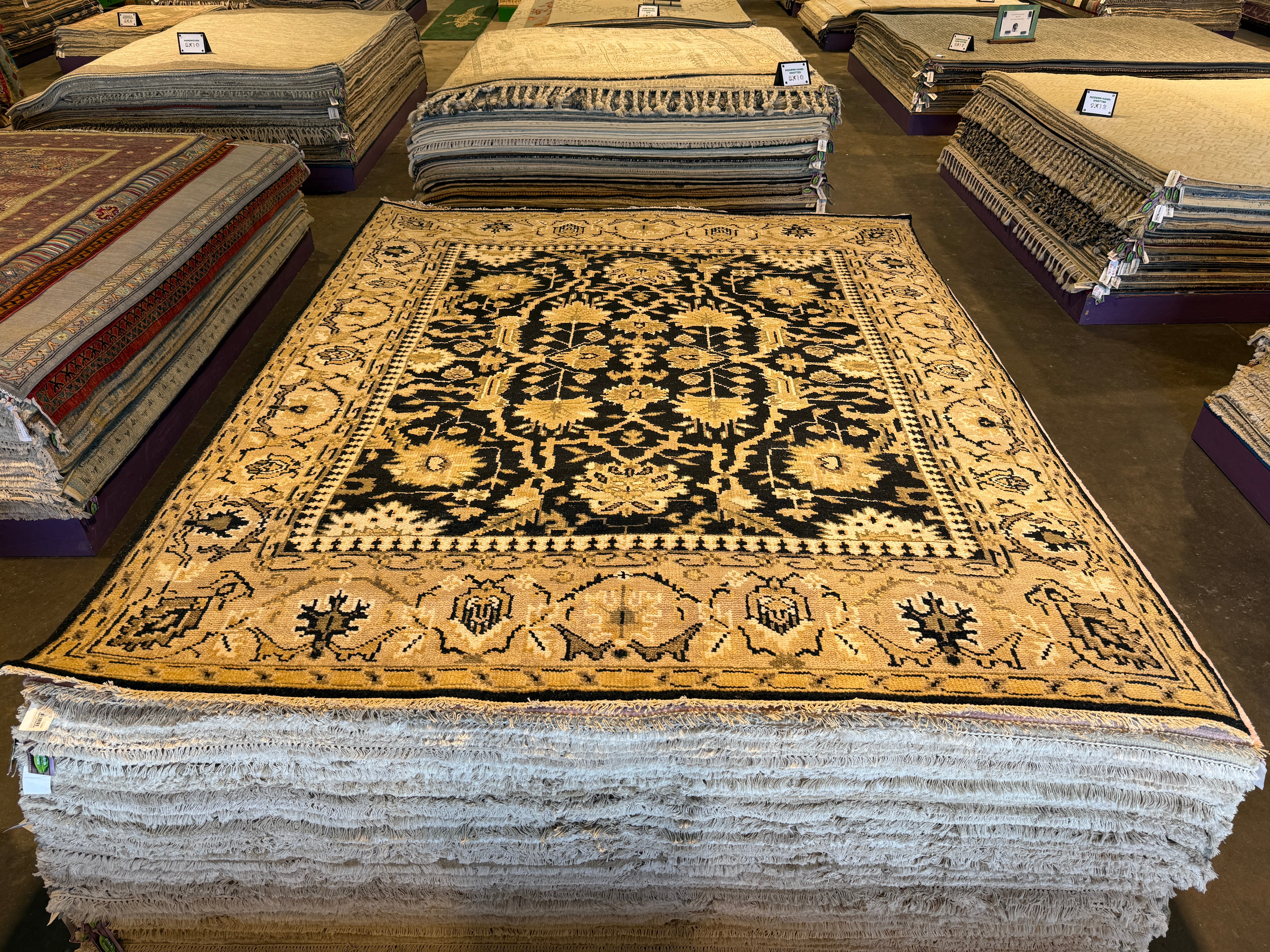 Wendy Hughes 8x9.9 Hand-Knotted Oushak Rug Black and Beige