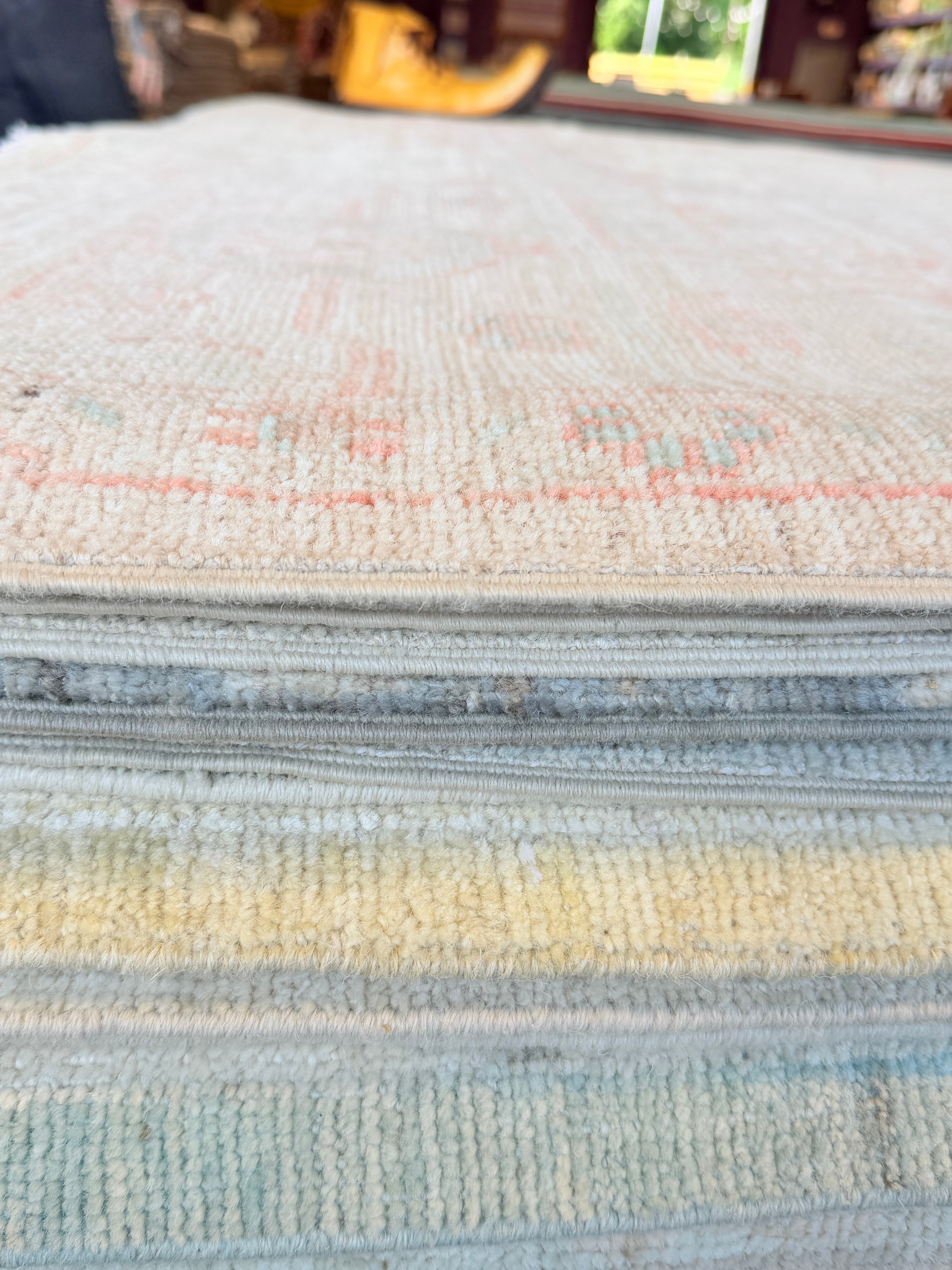 Harriet Garcia 8.11x11.11 Pink and Blue Afghani Whitewashed Oushak