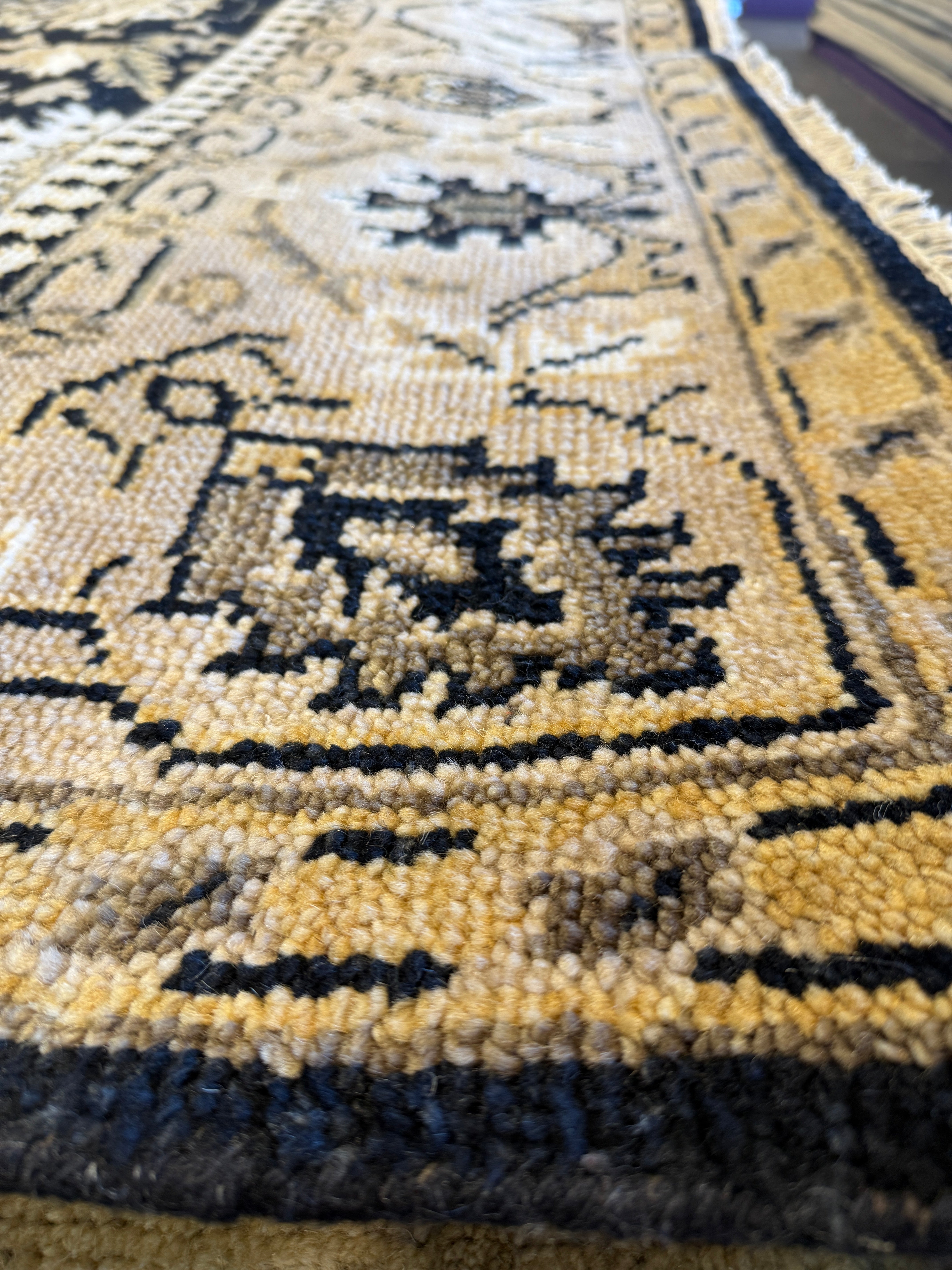 Wendy Hughes 8x9.9 Hand-Knotted Oushak Rug Black and Beige