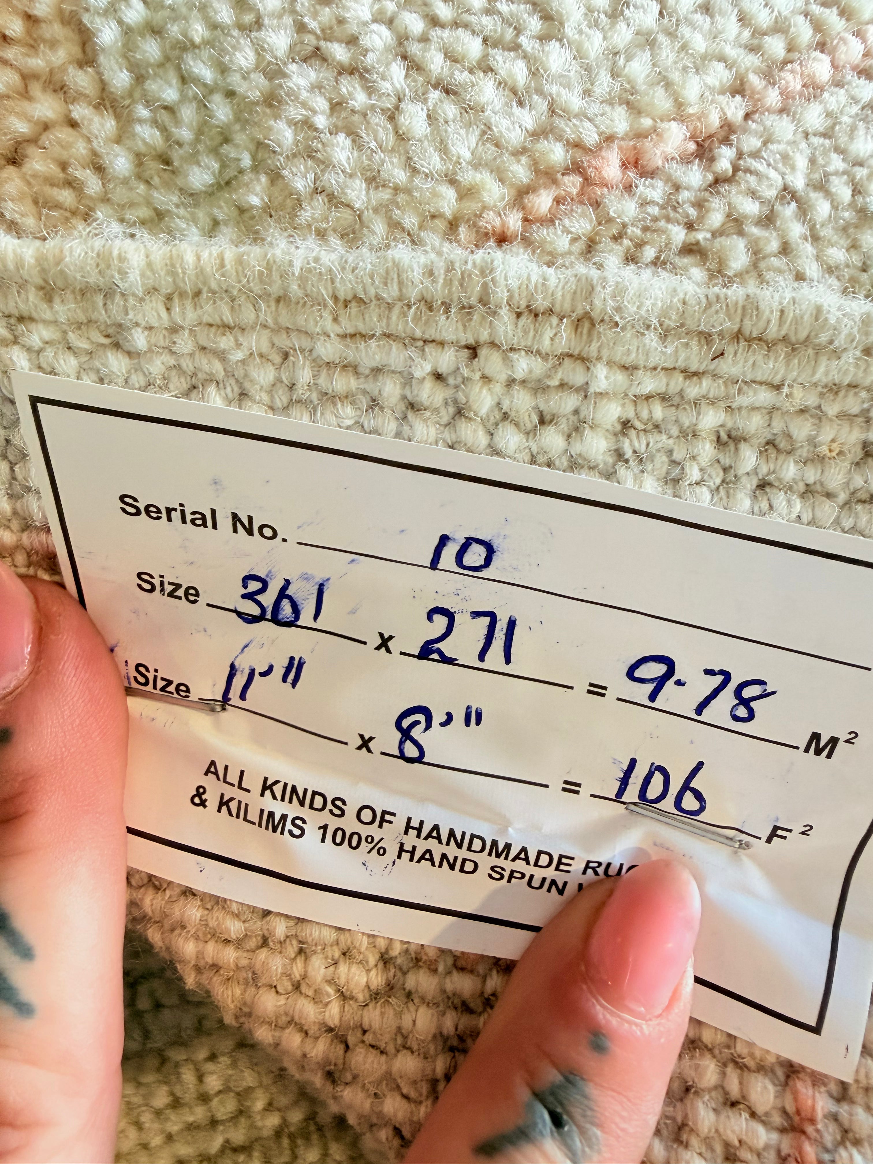 Harriet Garcia 8.11x11.11 Pink and Blue Afghani Whitewashed Oushak