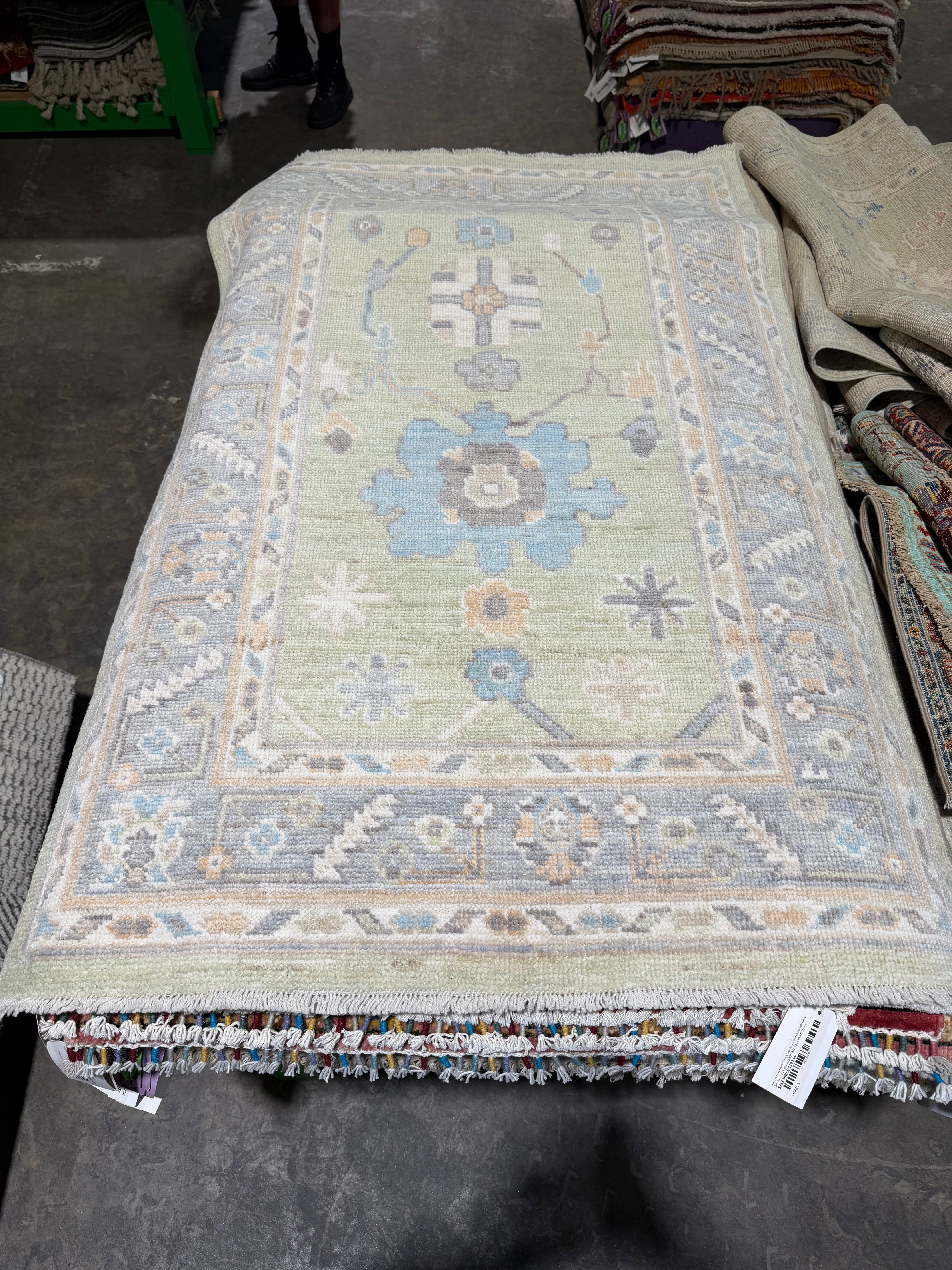 Yvette 3.1x4.11 Green and Blue Afghani Whitewashed Oushak