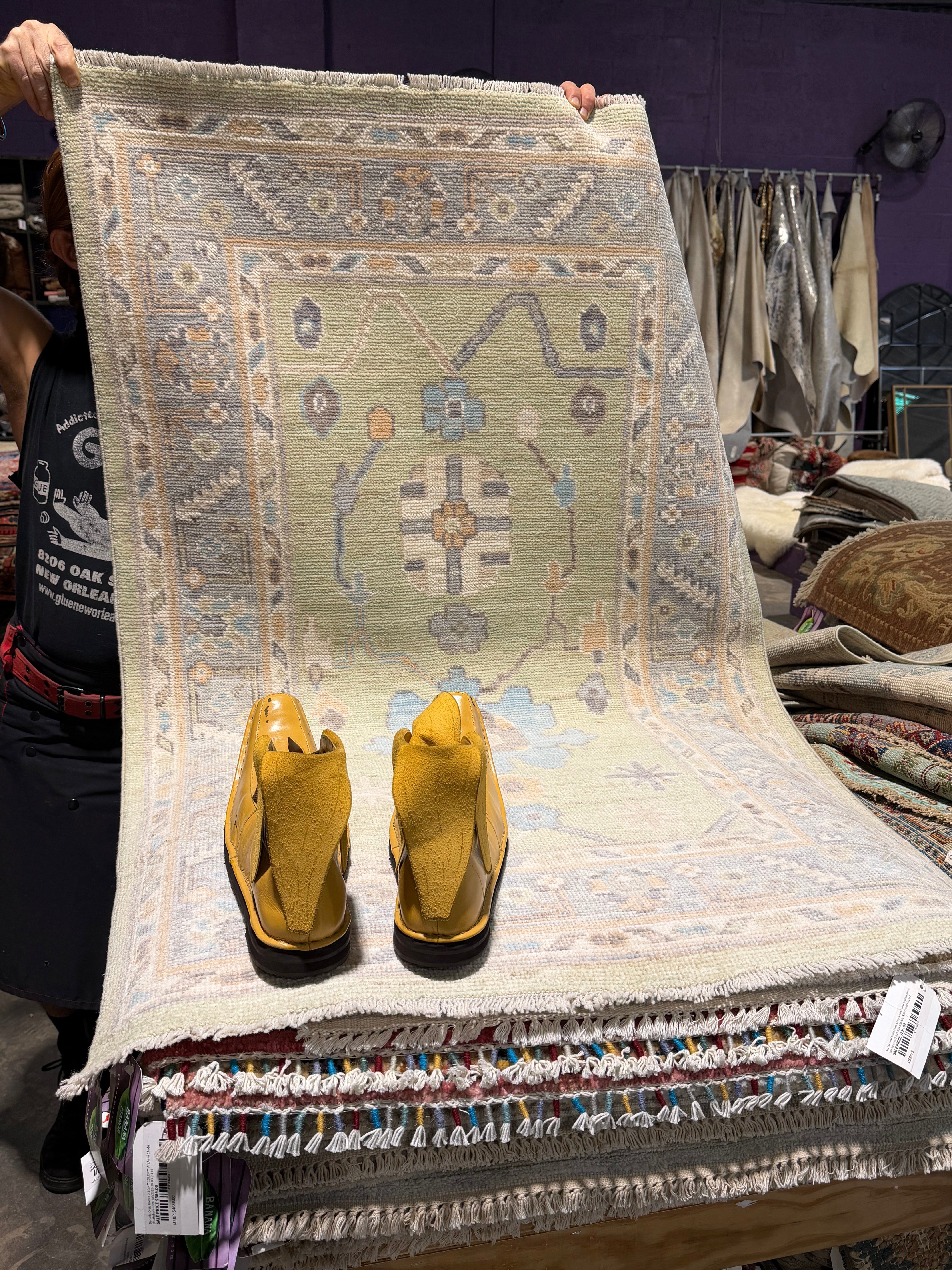 Yvette 3.1x4.11 Green and Blue Afghani Whitewashed Oushak