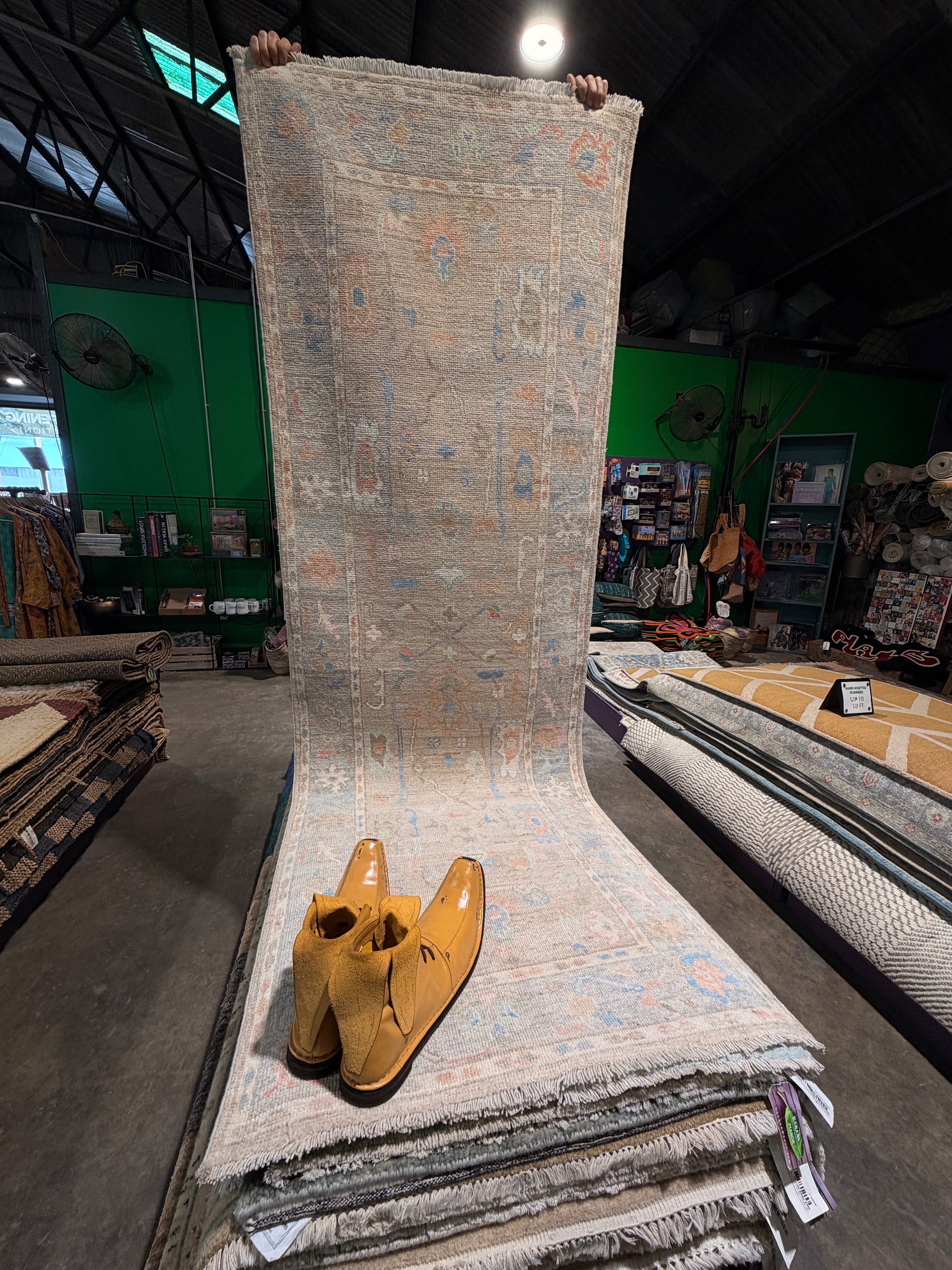 Camille Razat 2.11x8.7 Beige and Blue Afghani Whitewashed Oushak Runner