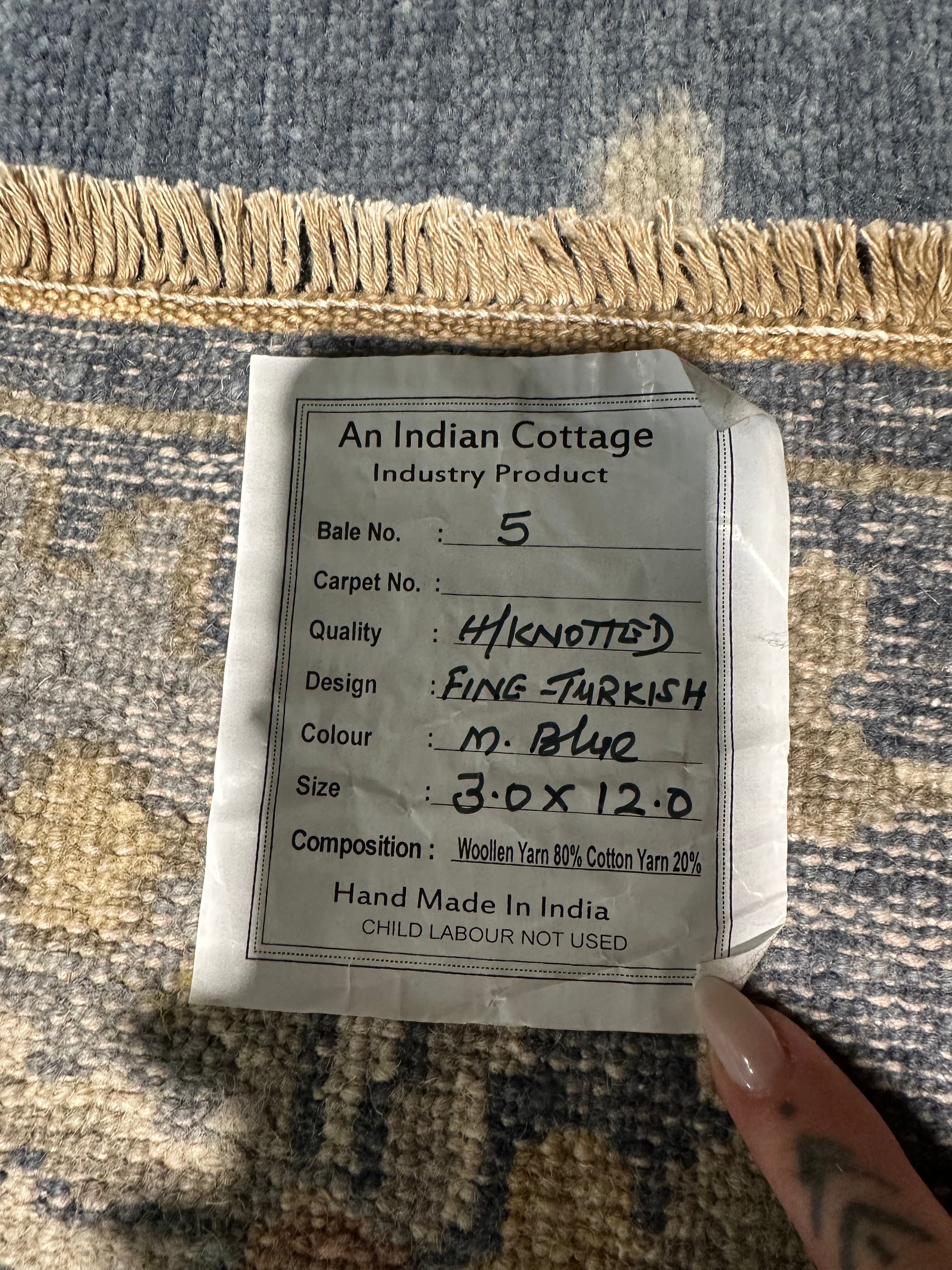 Ingrid West 3x12 Blue Hand-Knotted Runner